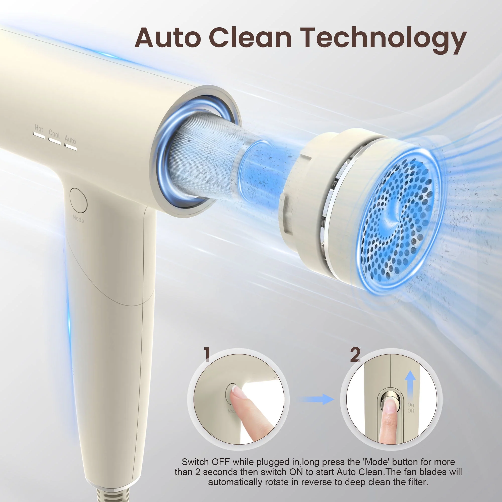 GCZ 1500W Foldable High-Speed Ionic Hair Dryer with Diffuser and Nozzle, 3 Heat and Speed Settings, Ivory, HDH-002 - Image 5