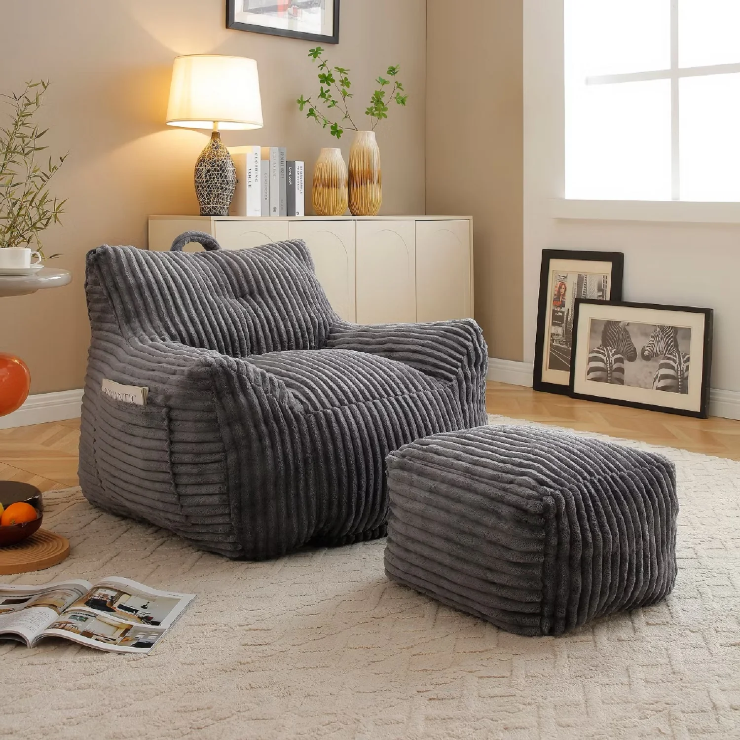 GDFStudio Edie 2 Piece Corduroy Bean Bag Chair with Ottoman, Grey