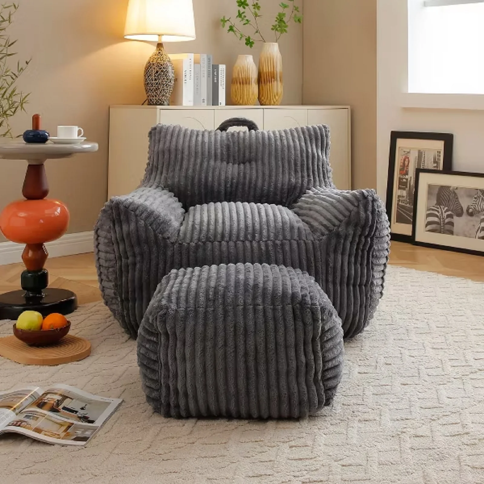GDFStudio Edie 2 Piece Corduroy Bean Bag Chair with Ottoman, Grey - Image 2
