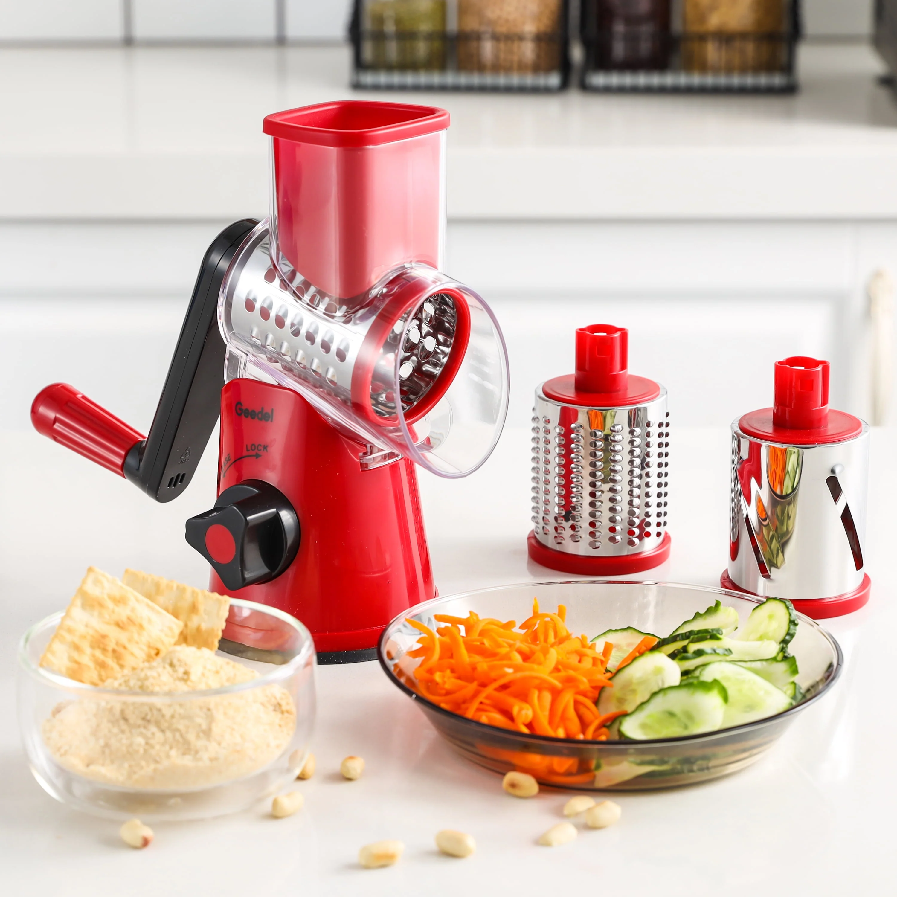 GDL Rotary Cheese Grater with 3 Interchangeable Stainless Steel Blades, Powerful Suction Base, Ergonomic Handle, BPA-Free ABS, Dishwasher Safe - Image 6