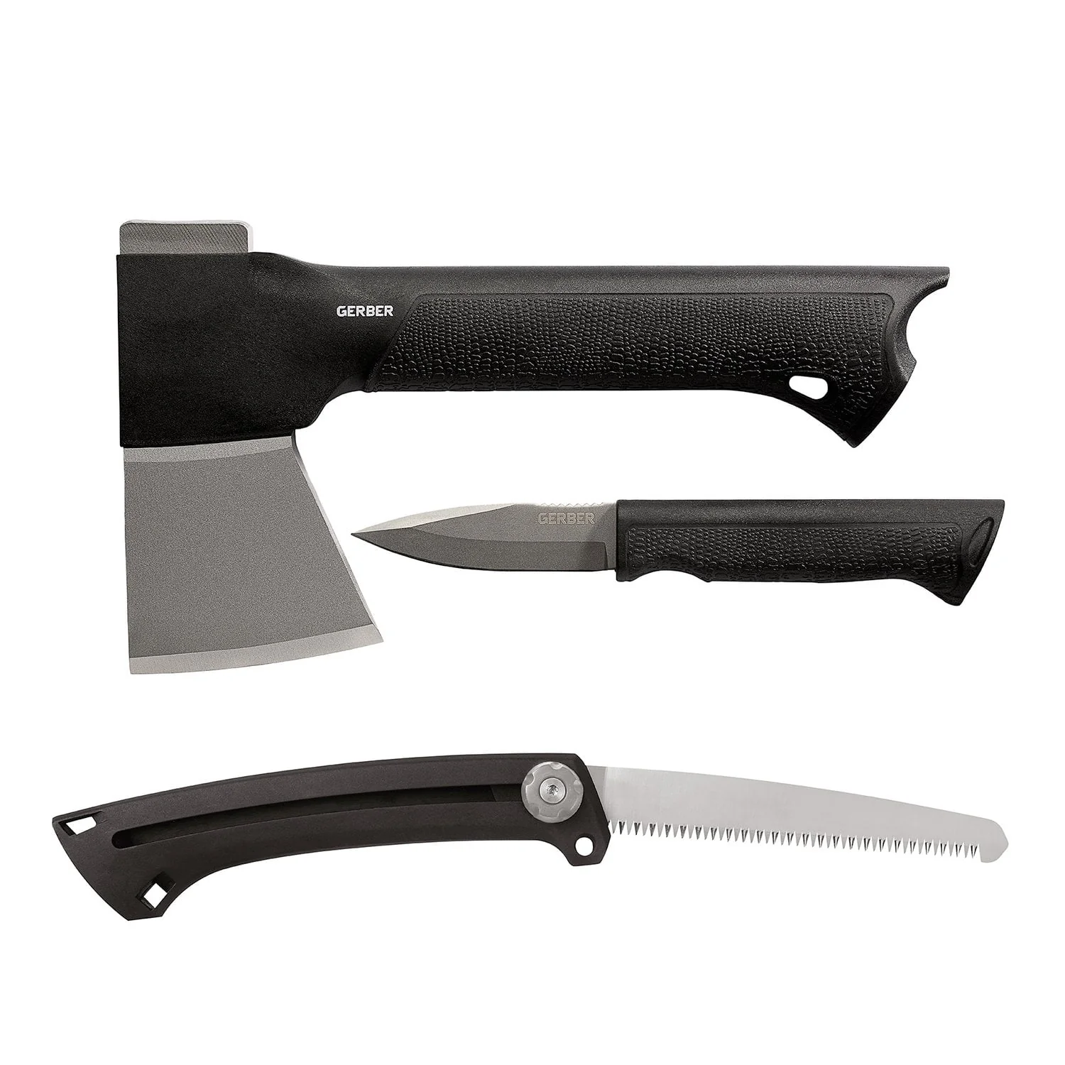 Gerber Gear 3-in-1 Axe, Knife, and Saw Combo Set - Gator Grip Handle Texture for Comfort