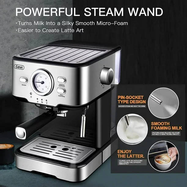 GEVI GECME403-U 15 Bar Black Espresso Machine Steam Maker - Image 2