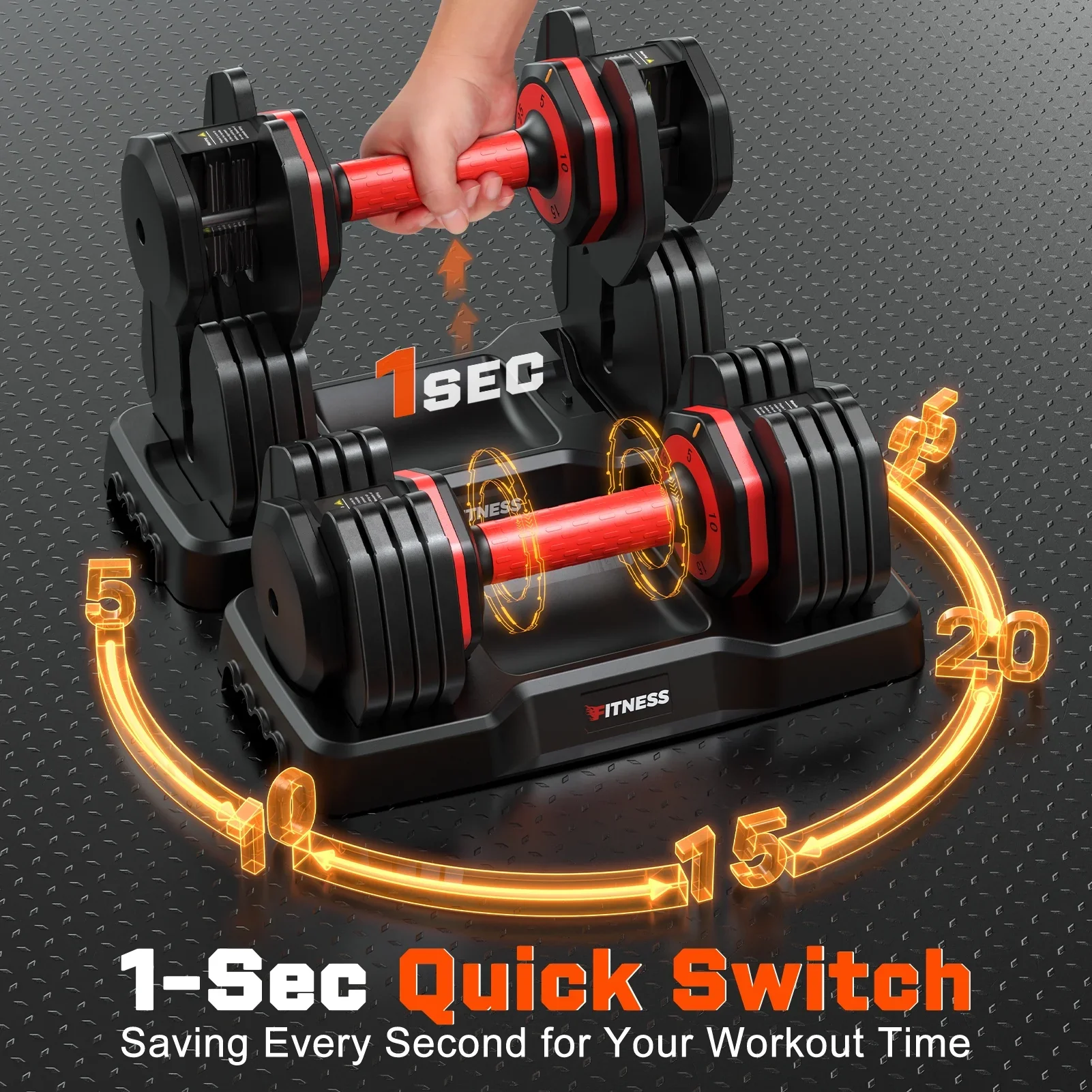 GIKPAL SP0357_01_7 50lb (25lb x 2) 5 in 1 Adjustable Dumbbells, Black + Red (Round Shape) - Image 3