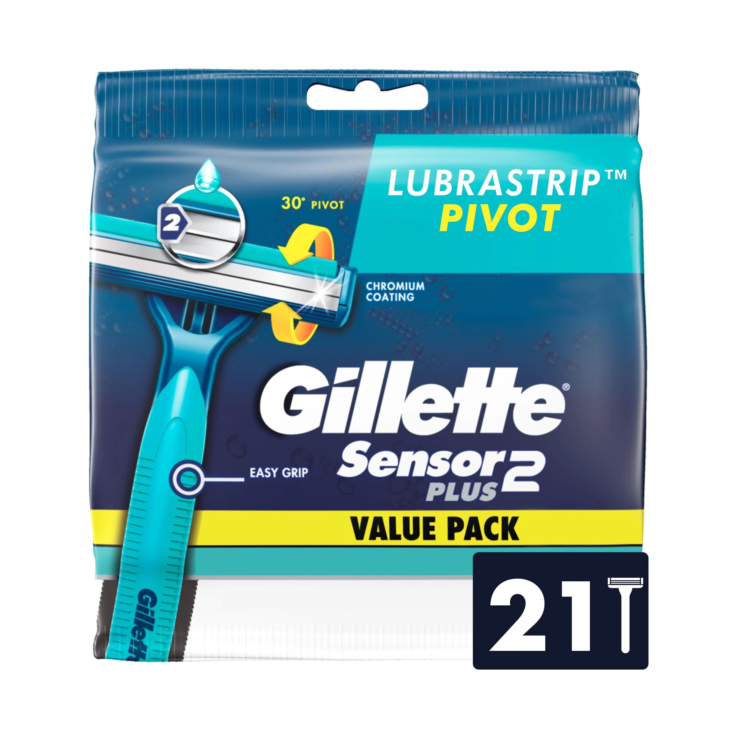 Gillette Sensor2 Plus Men's Disposable Razors, Twin Chromium-Coated Blades, Pivoting Head, Water-Activated Lubrastrip, Soft Ultragrip Handle, Light Blue, Pack of 21 - Image 2