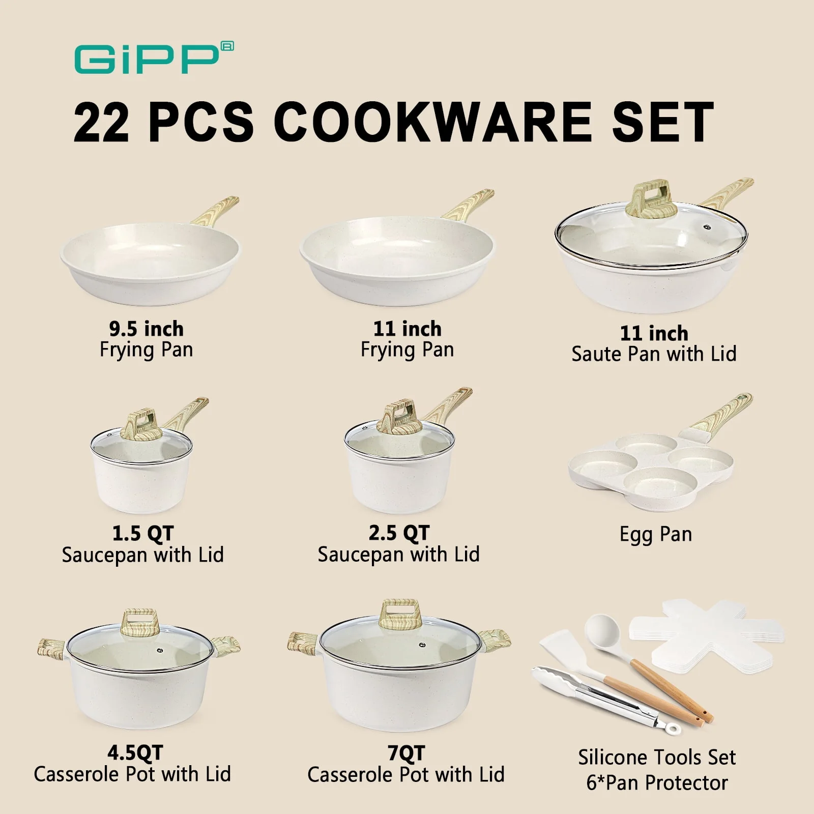 GIPP 22-Piece Ceramic Nonstick Cookware Set Gray, Aluminum Pots and Pans, Induction Compatible, Dishwasher Safe - Image 6