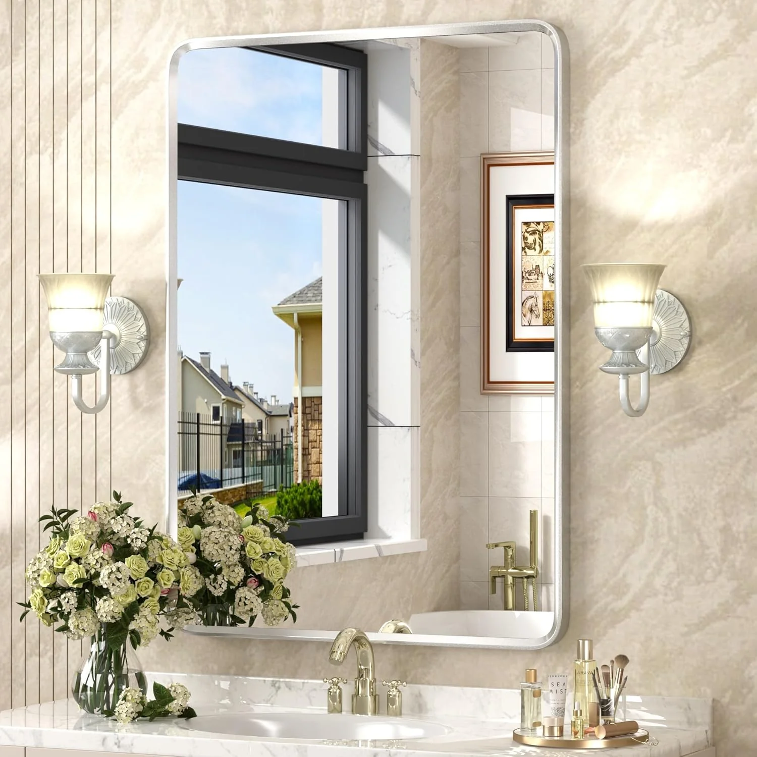 GOLOMO 24x36 Inch Silver Framed Mirror, Silver Bathroom Vanity Mirror, Rounded Rectangle Mirror (Horizontal/Vertical)