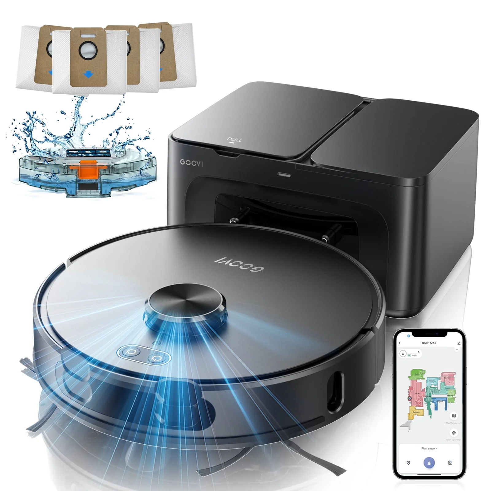GOOVI D60S MAX Robot Vacuum and Mop Combo, 360 LiDAR Navigation, 6000Pa Suction, Self-Emptying Base, 220 Mins Runtime, Black