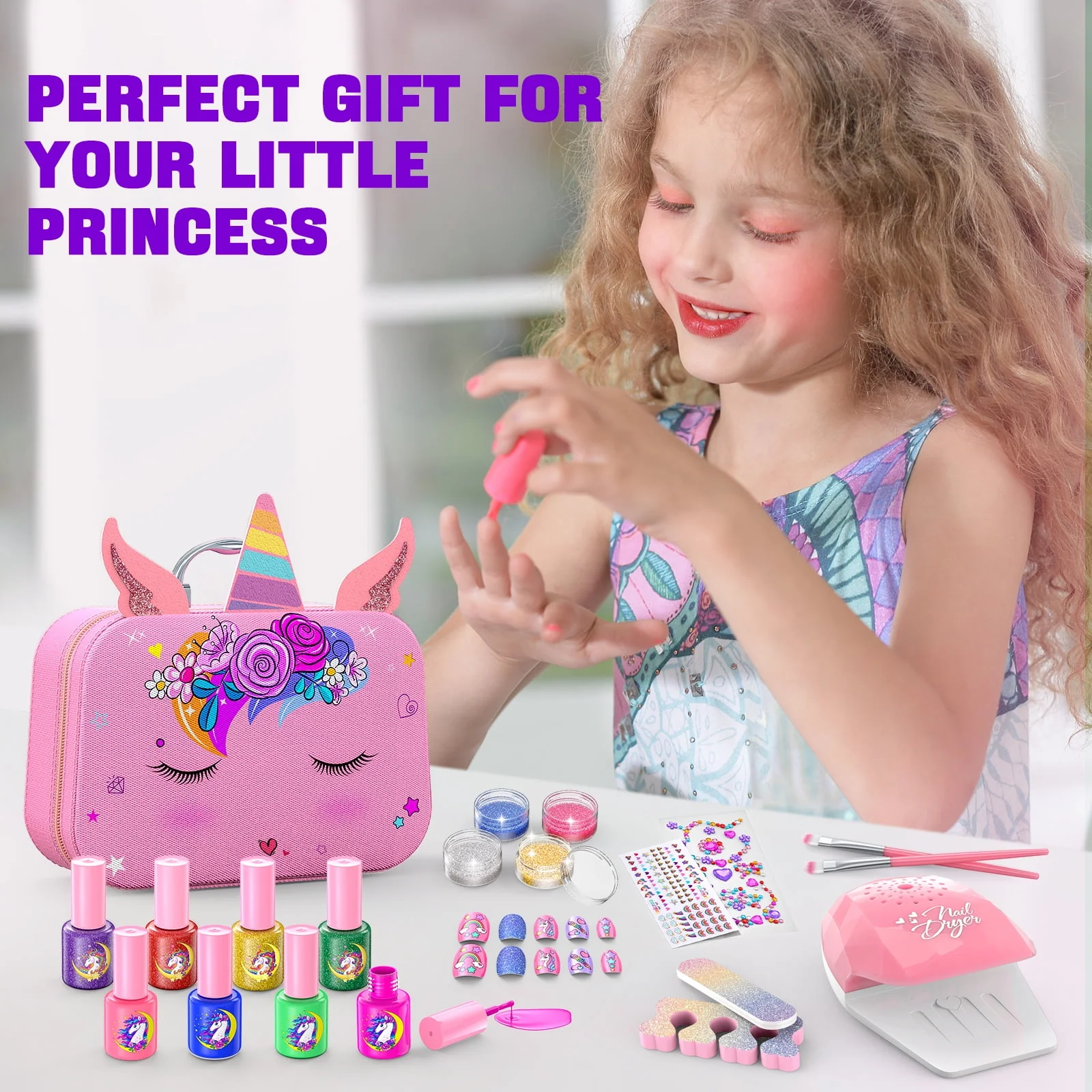 Gorispi Kids Nail Polish Kit, Unicorn Theme, Pink Storage Case, 8 Strippable Nail Polishes, Nail Dryer, Glitter Powder, Nail File, Brushes, Stickers - Image 4