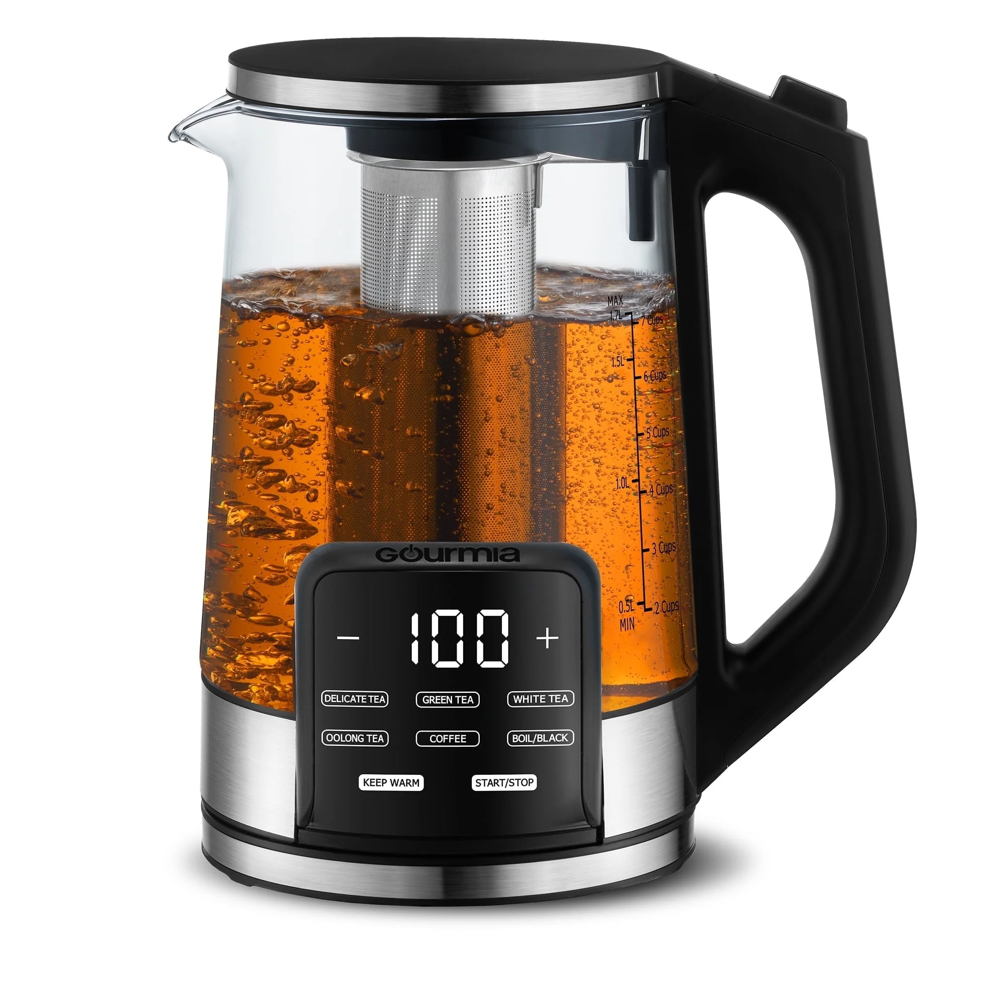 Gourmia Programmable Electric Glass Kettle, 1.7L Capacity, Digital Touch Display, Removable Stainless Steel Infuser, 360 Swivel Base, Keep Warm Function, Black, GDK2365