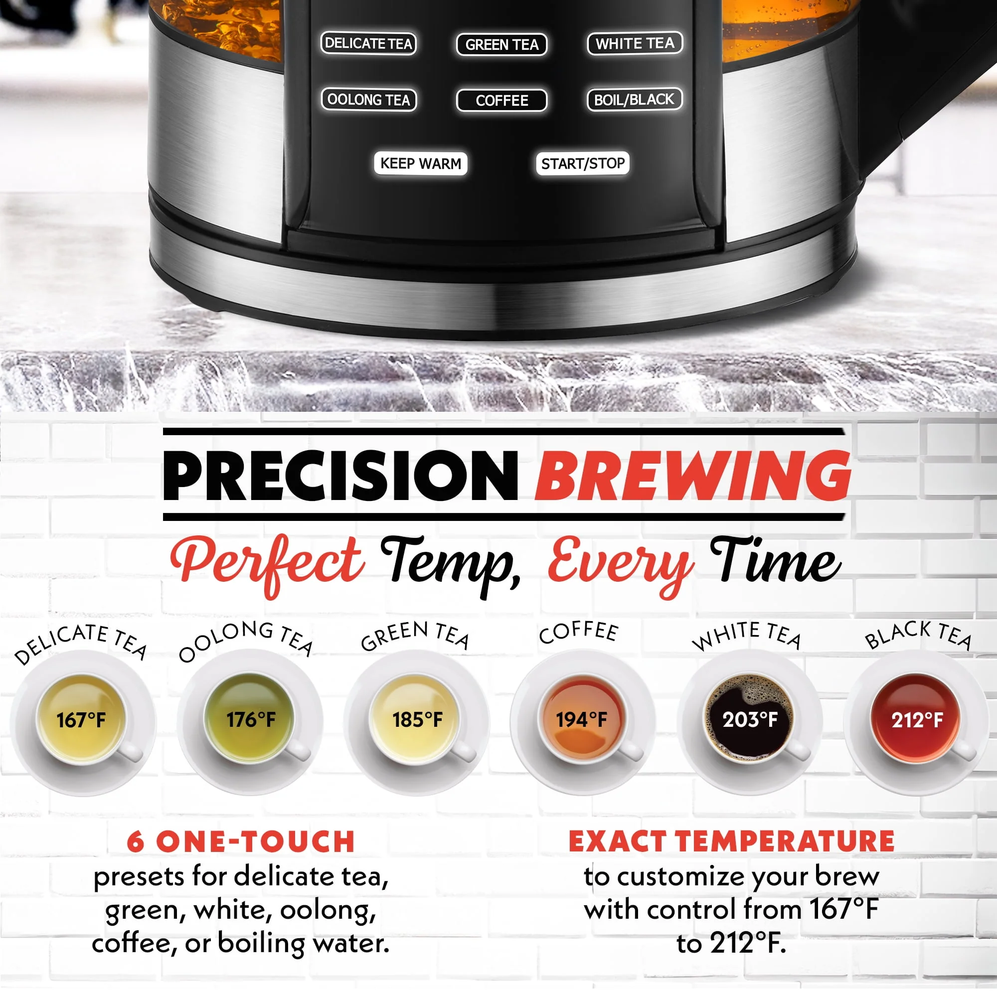Gourmia Programmable Electric Glass Kettle, 1.7L Capacity, Digital Touch Display, Removable Stainless Steel Infuser, 360 Swivel Base, Keep Warm Function, Black, GDK2365 - Image 4