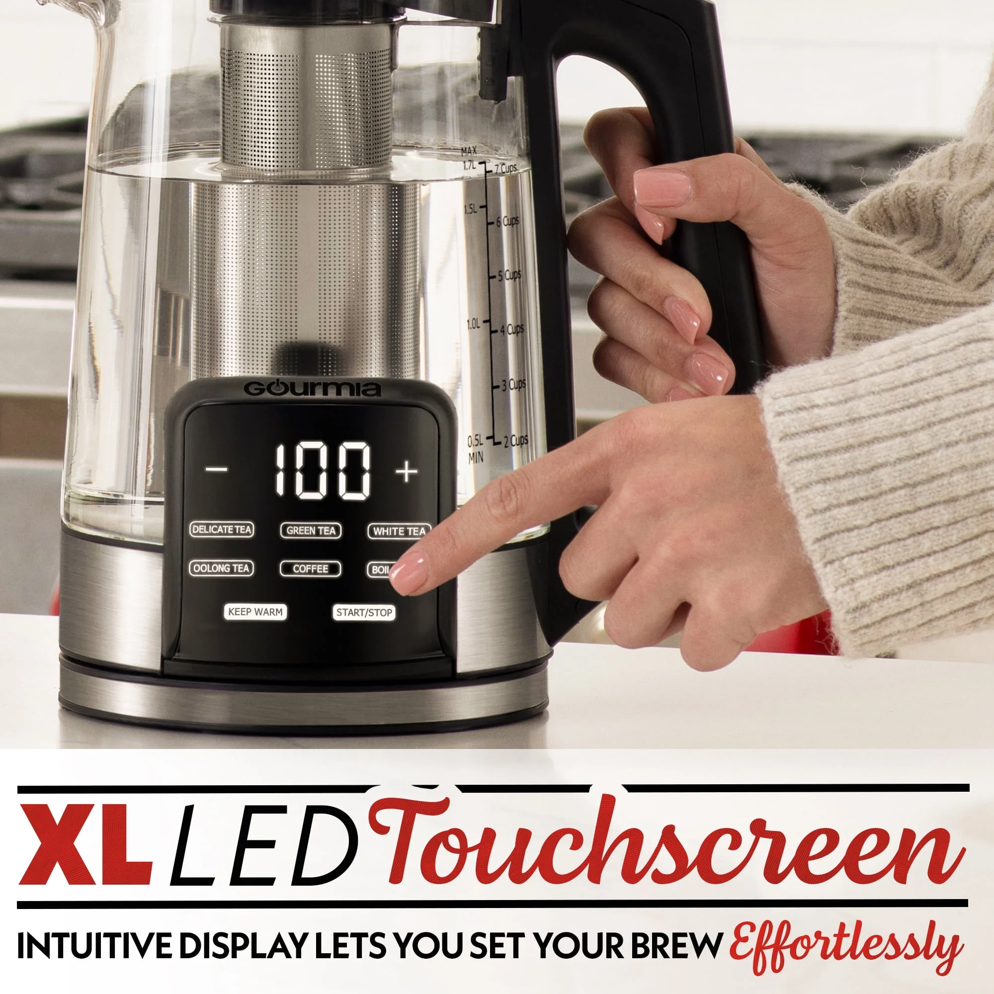 Gourmia Programmable Electric Glass Kettle, 1.7L Capacity, Digital Touch Display, Removable Stainless Steel Infuser, 360 Swivel Base, Keep Warm Function, Black, GDK2365 - Image 5
