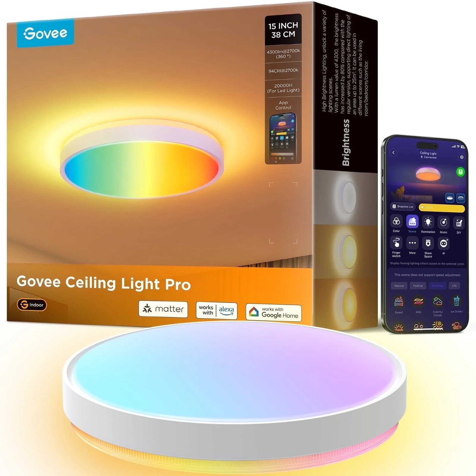 Govee RGBICWW 15inch Ceiling Light Pro, 4300 Lumens, Dimmable LED with 121 Independently Controlled Segments, Multi-Color, Voice Control Compatible, H60A6A01