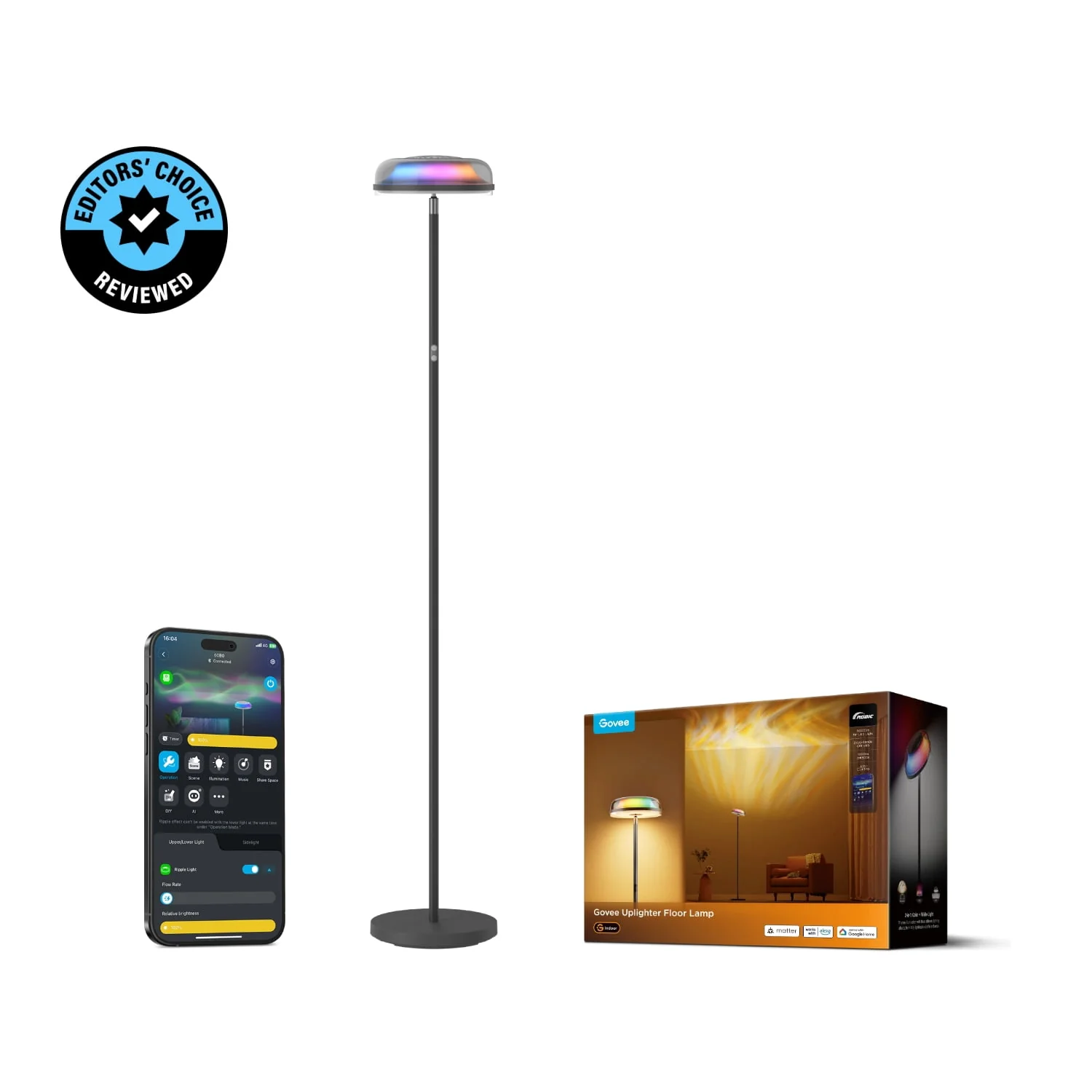 Govee H60B0A11 Uplighter Floor Lamp for Living Room, RGBIC Ripple Projector, Floor Lamp for Bedroom Works with Matter - Black