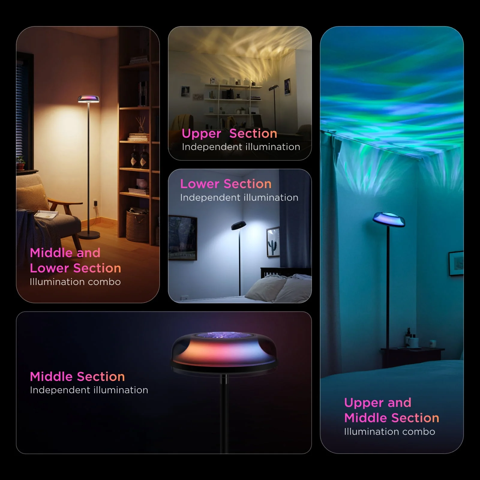 Govee H60B0A11 Uplighter Floor Lamp for Living Room, RGBIC Ripple Projector, Floor Lamp for Bedroom Works with Matter - Black - Image 5