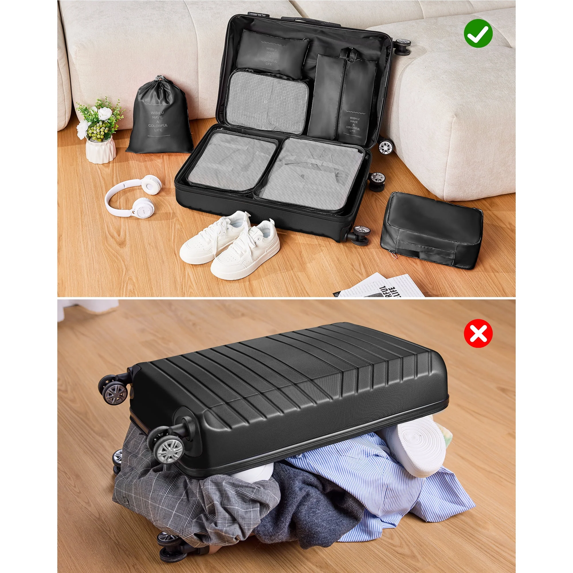 Gowill 2 Piece Hardside Suitcase with 7PC Organizer Bags, Black - Image 2