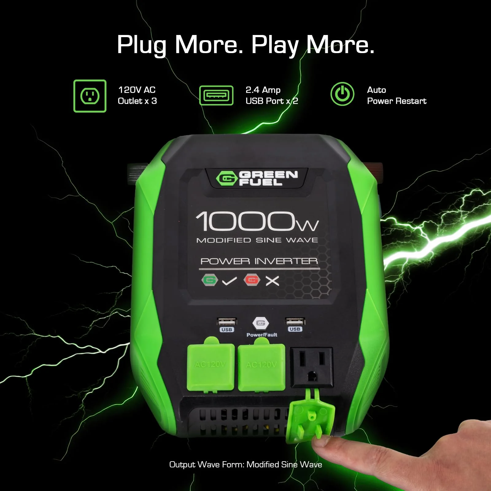 Green Fuel Power Inverter, 1000W Continuous 2000W Peak, 3 AC Outlets, 2 USB Ports 2.4A, DC 12V to 120V AC, Mounting Brackets and Clamps Included - Image 4