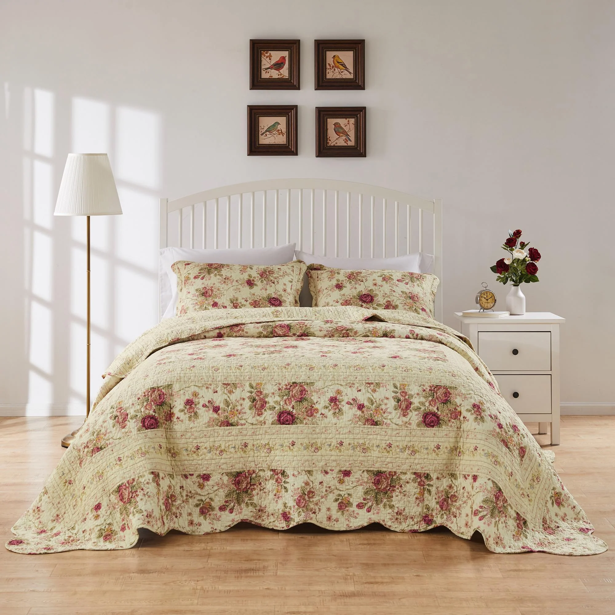 Greenland Home Fashions Antique Rose Jumbo Size 100% Cotton Reversible Bedspread Set, Queen, Ecru - Image 2
