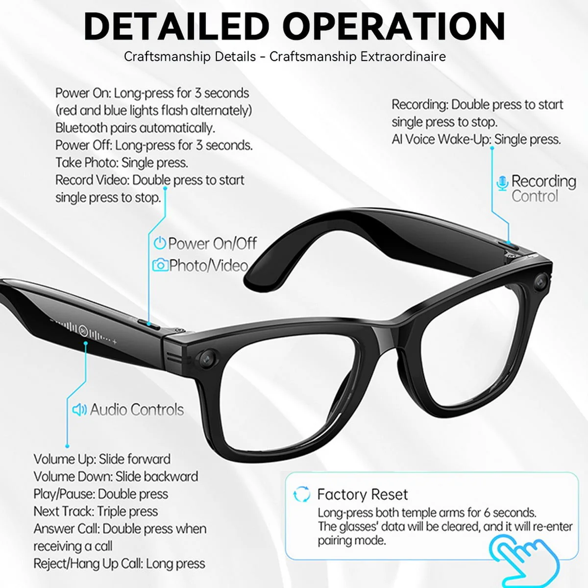 GTSOHN W620 Smart Glasses with 8MP Camera, Bluetooth Headset, Cat Eye Black Frame, 3 Pairs Lenses, AI Photo Recognition - Image 3