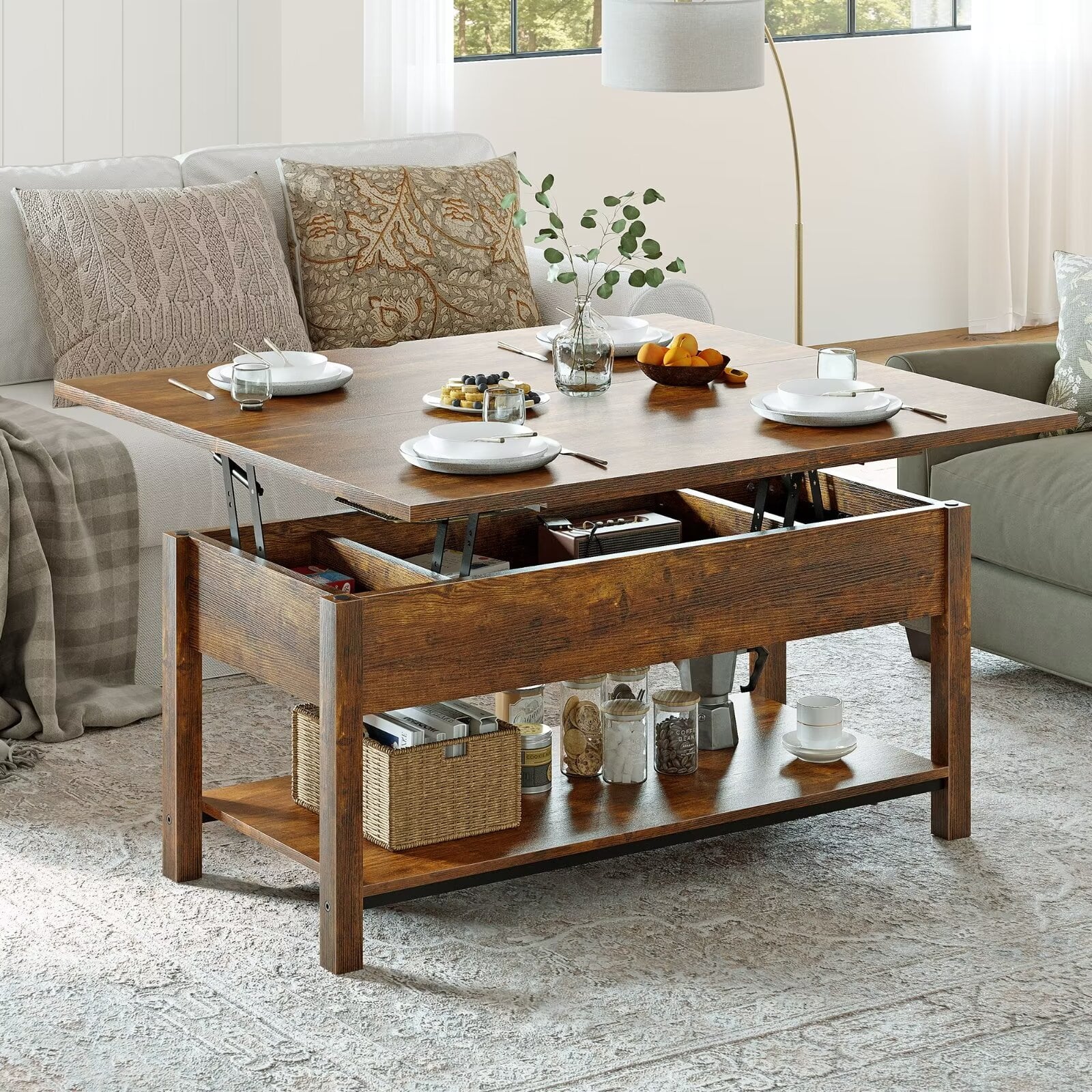GUNAITO CT004-RB 41.73" Lift Top Coffee Table 4 in 1 Multi-Function Convertible Coffee Table, Brown