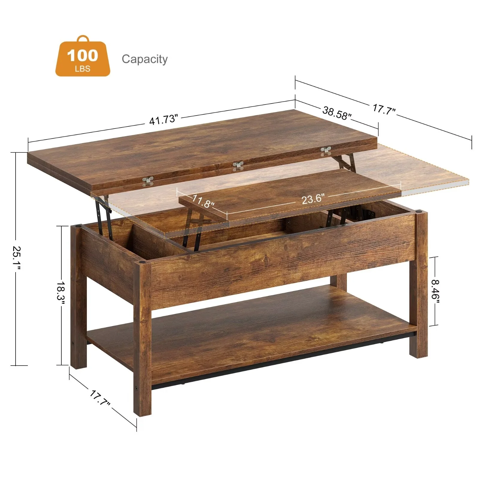 GUNAITO CT004-RB 41.73" Lift Top Coffee Table 4 in 1 Multi-Function Convertible Coffee Table, Brown - Image 4