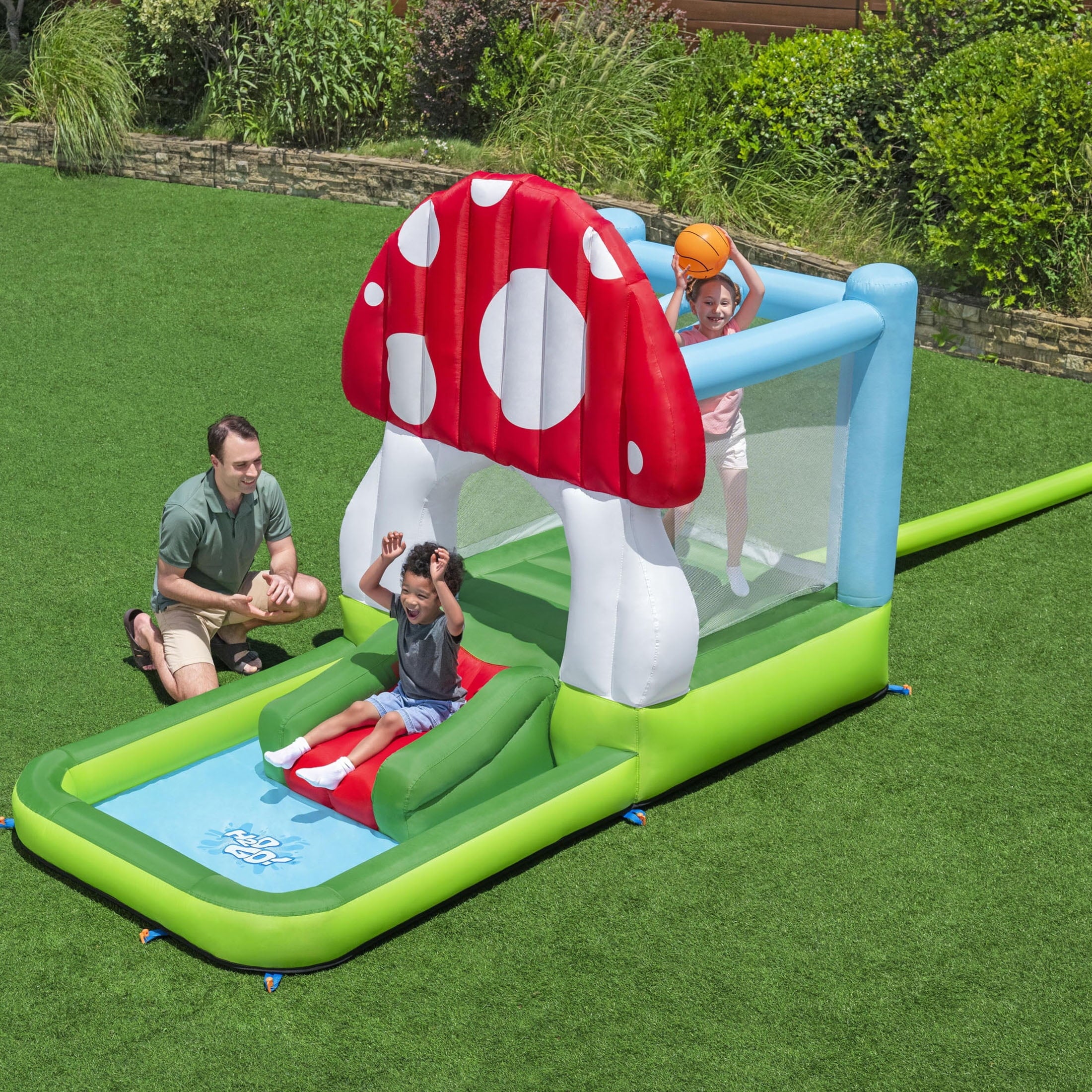 H2OGO! Mushroom Totlot Inflatable Bounce House with Slide, Splash Pool, Basketball Hoop, Indoor Outdoor Playset for Ages 3 and Up - Image 3