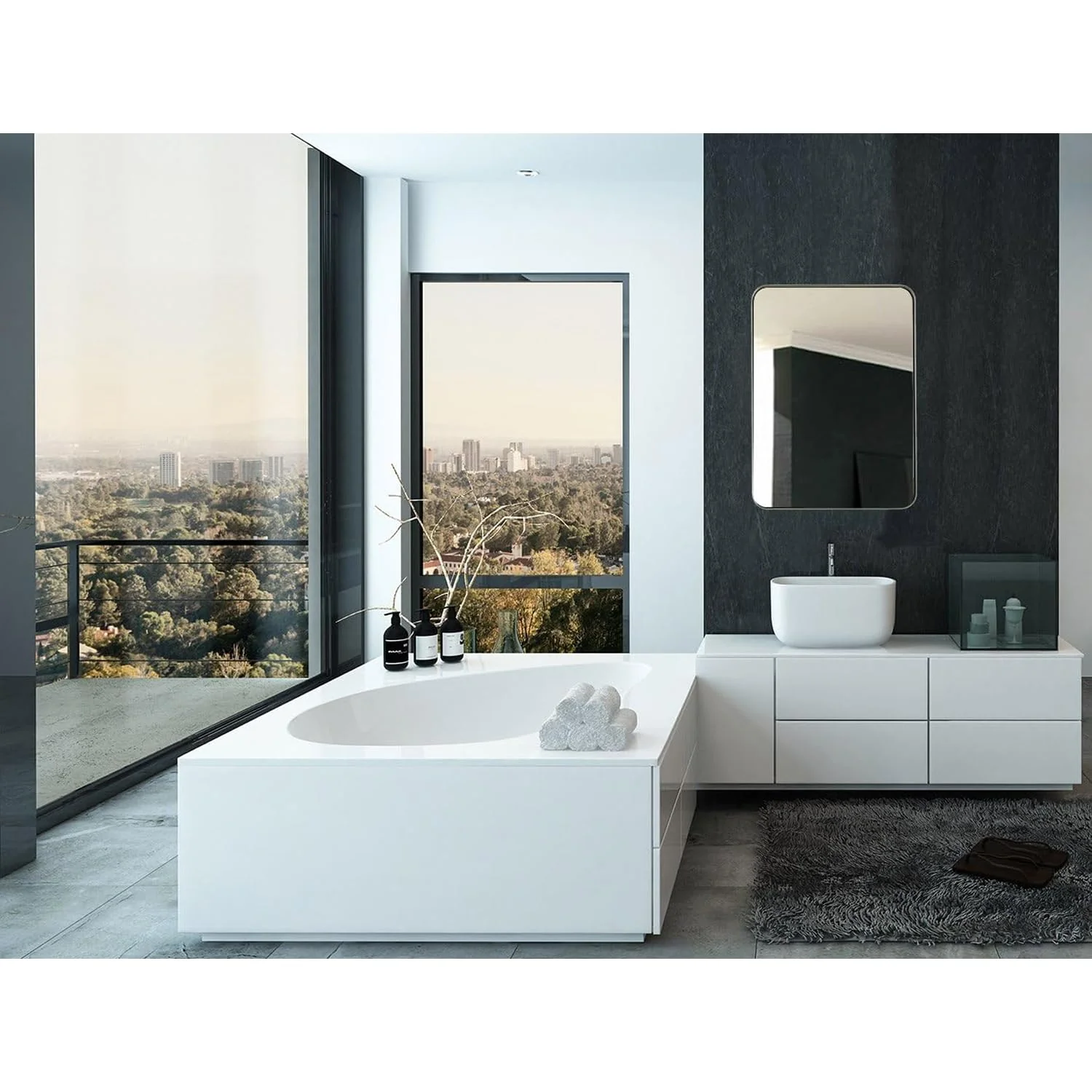 Hamilton Hills Polished Metal Wall Mirror, Contemporary Silver Stainless Steel Frame, 24 in x 36 in, Rectangular with Rounded Corners and Beveled Edges - Image 5