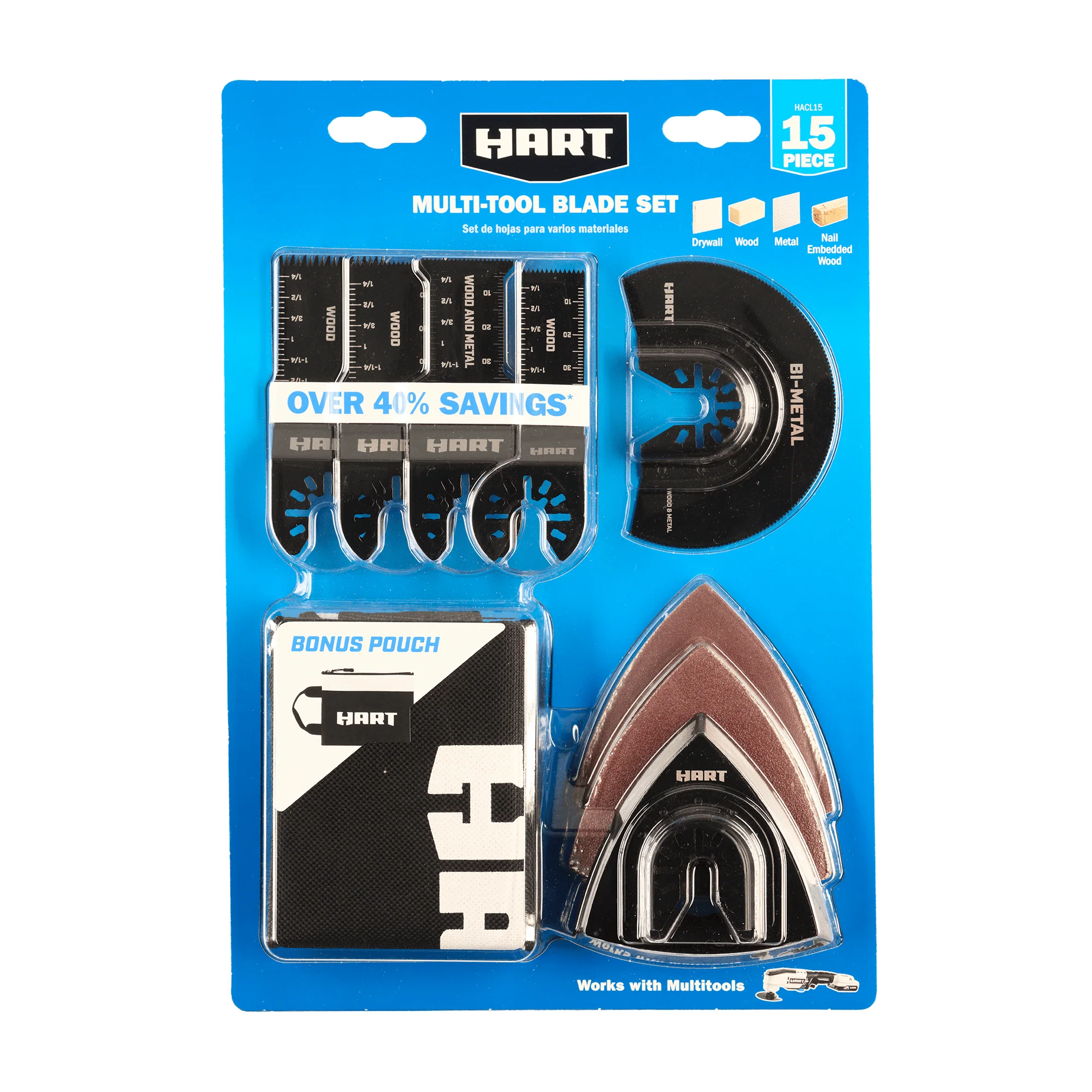 HART 15 Piece Oscillating Multi-Tool Blade and Accessory Set, Alloy Steel Blades, Includes Sandpaper and Pouch, HACL15 - Image 3