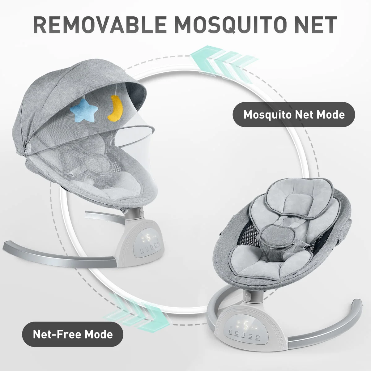 HDJ BB009K Baby Swing for Infant, HDJ Portable Electric Baby Swing with Music Playing, Touch Screen, Remote Bluetooth Control, Grey - Image 2