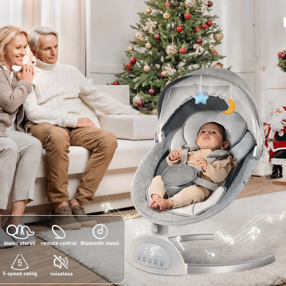HDJ BB009K Baby Swing for Infant, HDJ Portable Electric Baby Swing with Music Playing, Touch Screen, Remote Bluetooth Control, Grey - Image 3