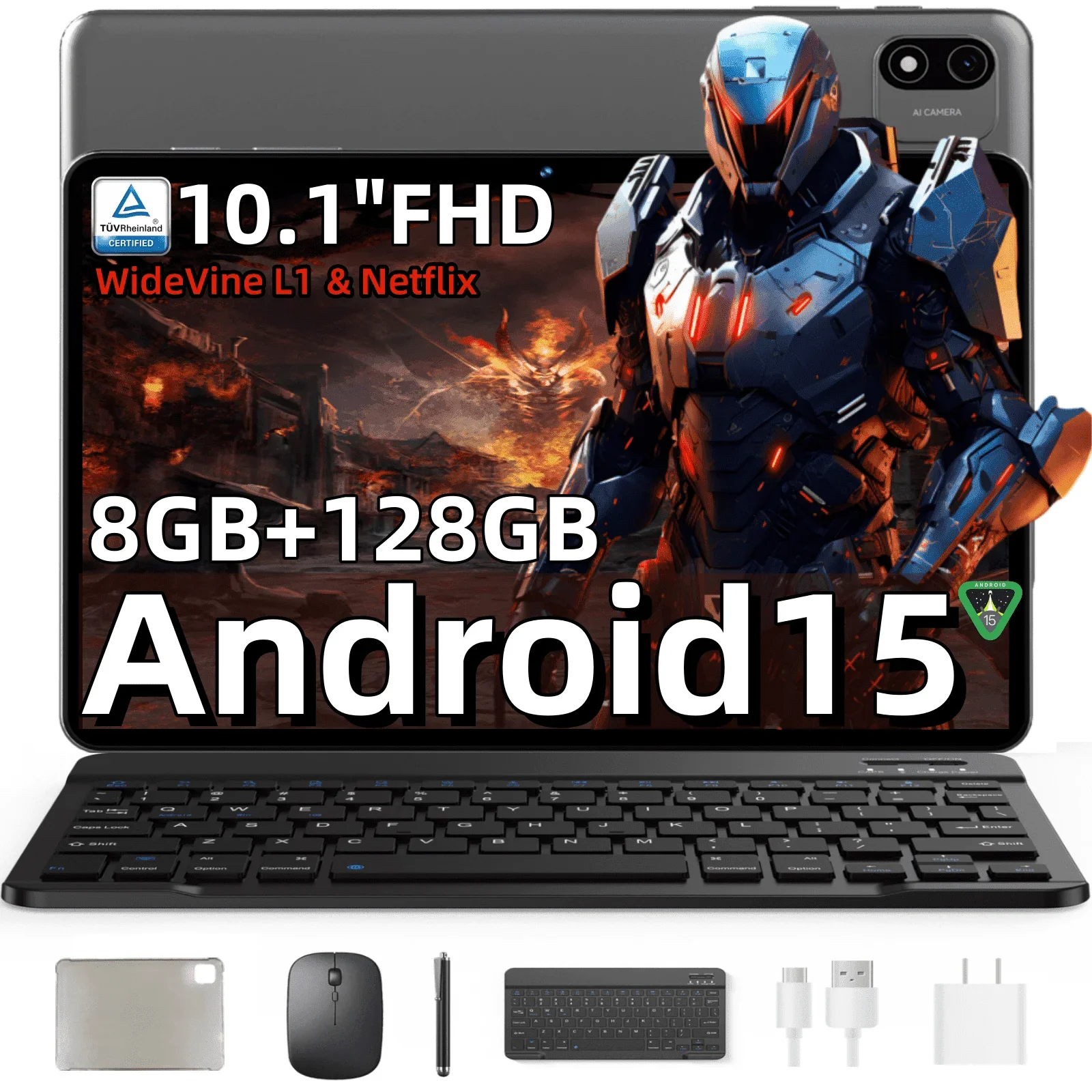 Headwolf W6 10" 8GB RAM 128GB Storage 1.6 GHz Processor Speed Android 15 2-in-1 WiFi Tablet with Keyboard, Gray