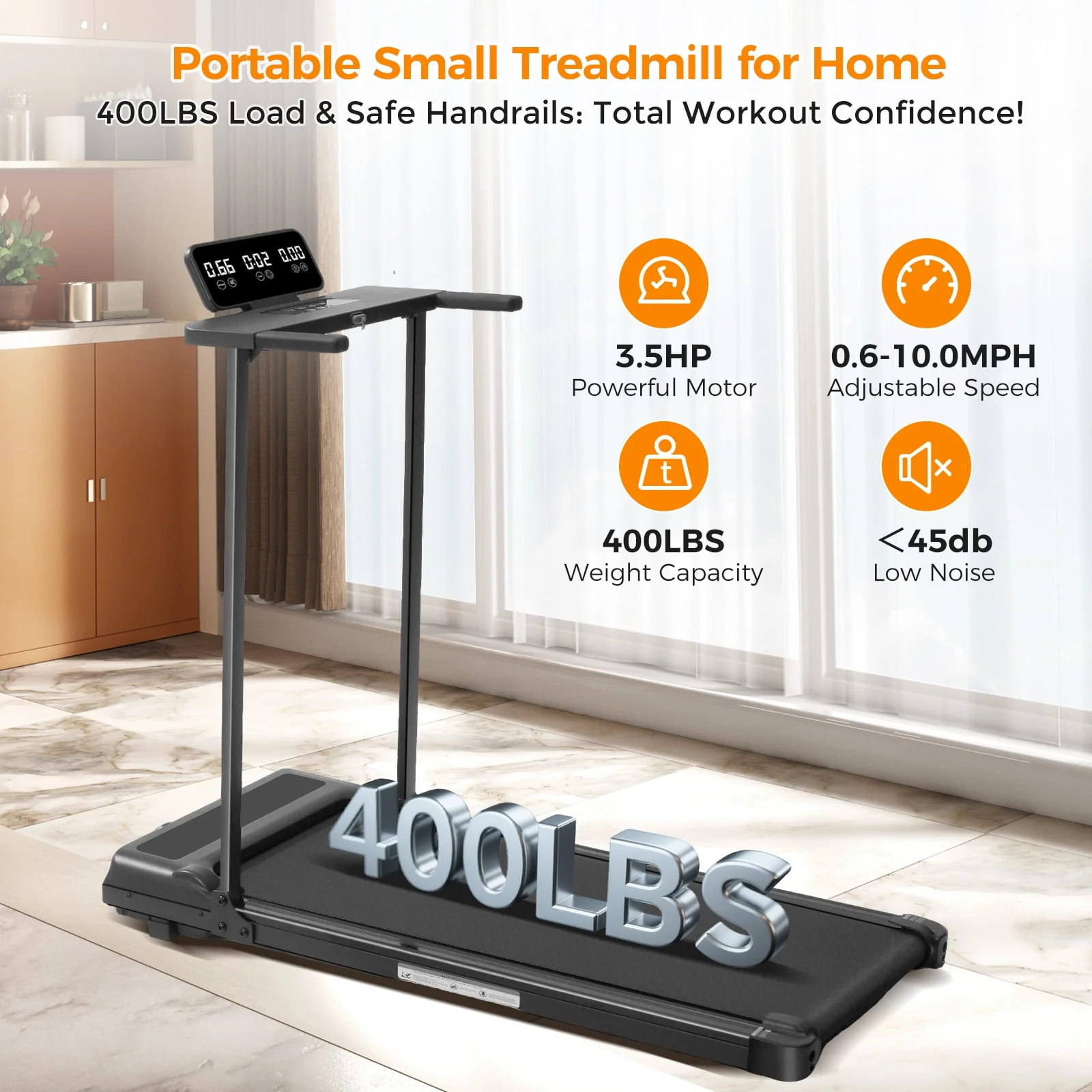 HevGlrm Folding Treadmill, 3.5 HP Motor, Adjustable 0.610 MPH Speed, LED Display, Foldable Compact Design, Steel Frame, 400 lb Capacity - Image 5