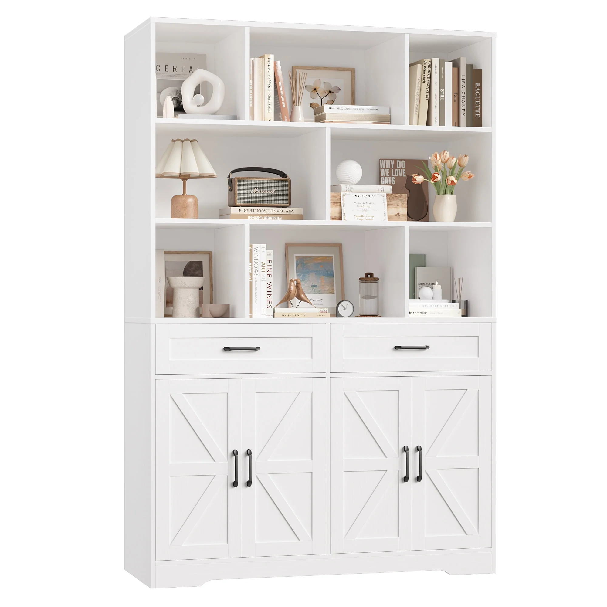 Hiphuta 71in Tall White Cube Bookcase with Drawers and Doors, 6-Tier Large Wooden Storage Cabinet for Home Office