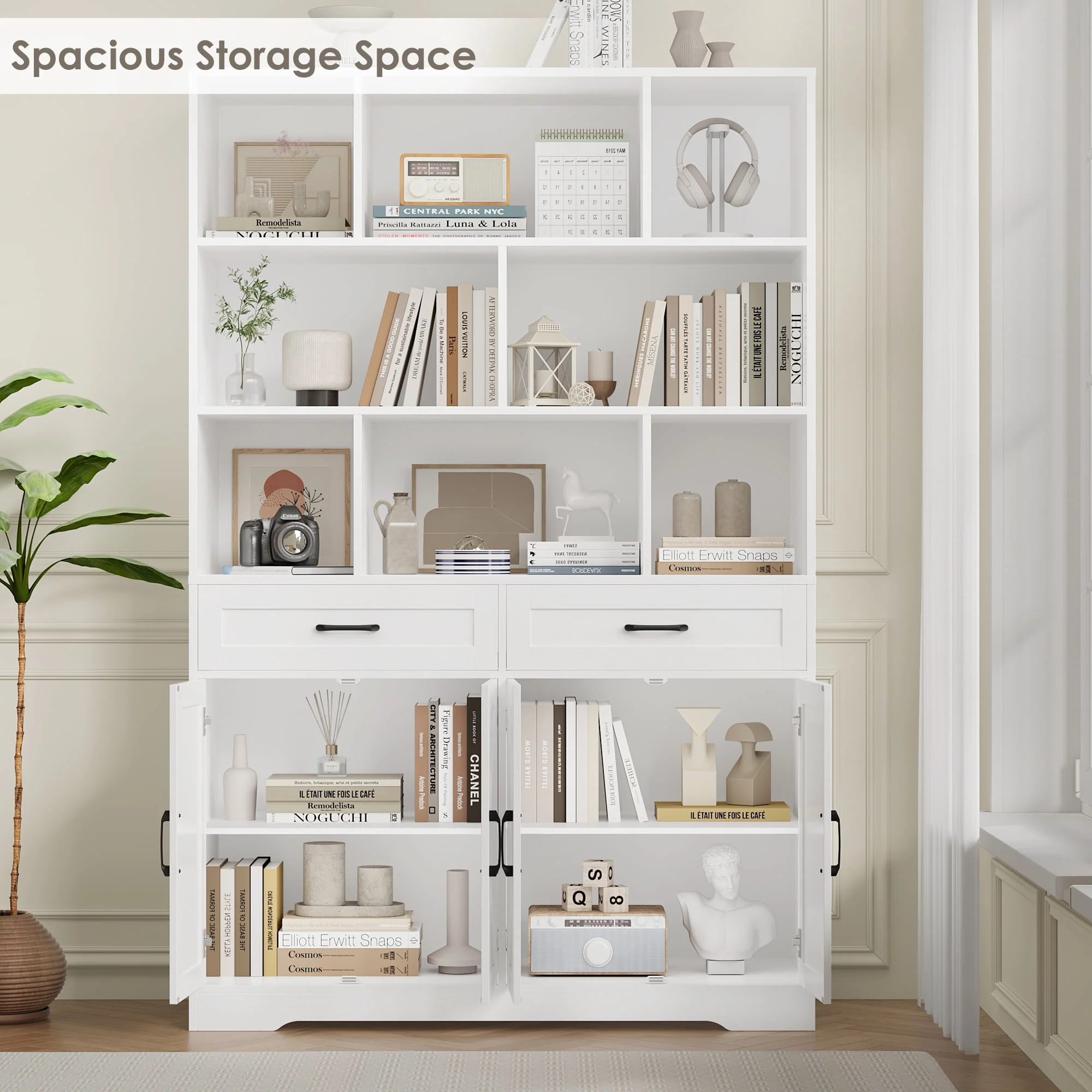 Hiphuta 71in Tall White Cube Bookcase with Drawers and Doors, 6-Tier Large Wooden Storage Cabinet for Home Office - Image 3