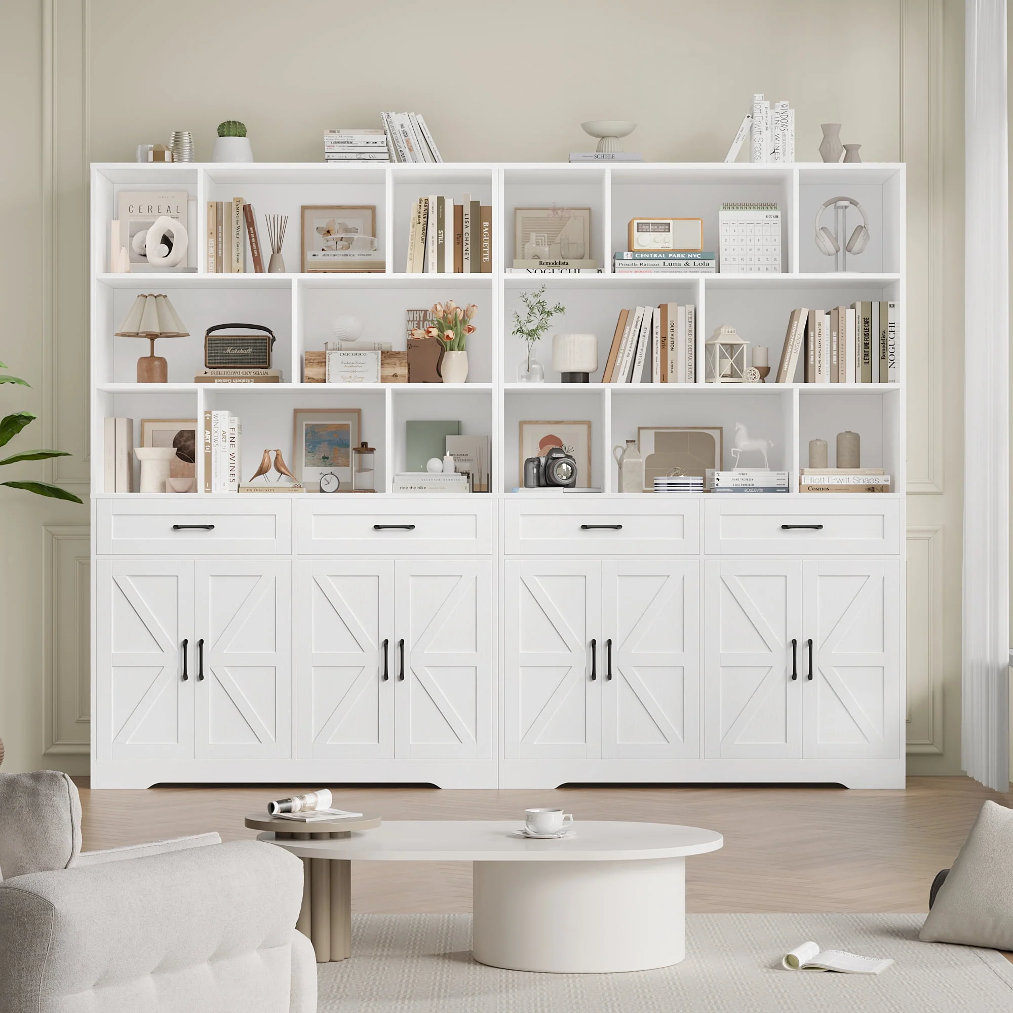 Hiphuta 71in Tall White Cube Bookcase with Drawers and Doors, 6-Tier Large Wooden Storage Cabinet for Home Office - Image 4