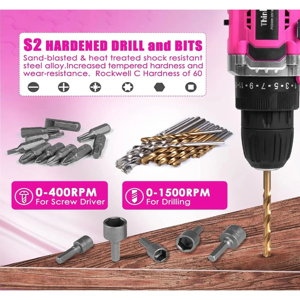 Hoey 21V Cordless Power Drill Set, 3/8 Inch Keyless Metal Chuck, 25+3 Clutch, Built-in LED Work Light, 34-Piece Accessory Kit - Image 2