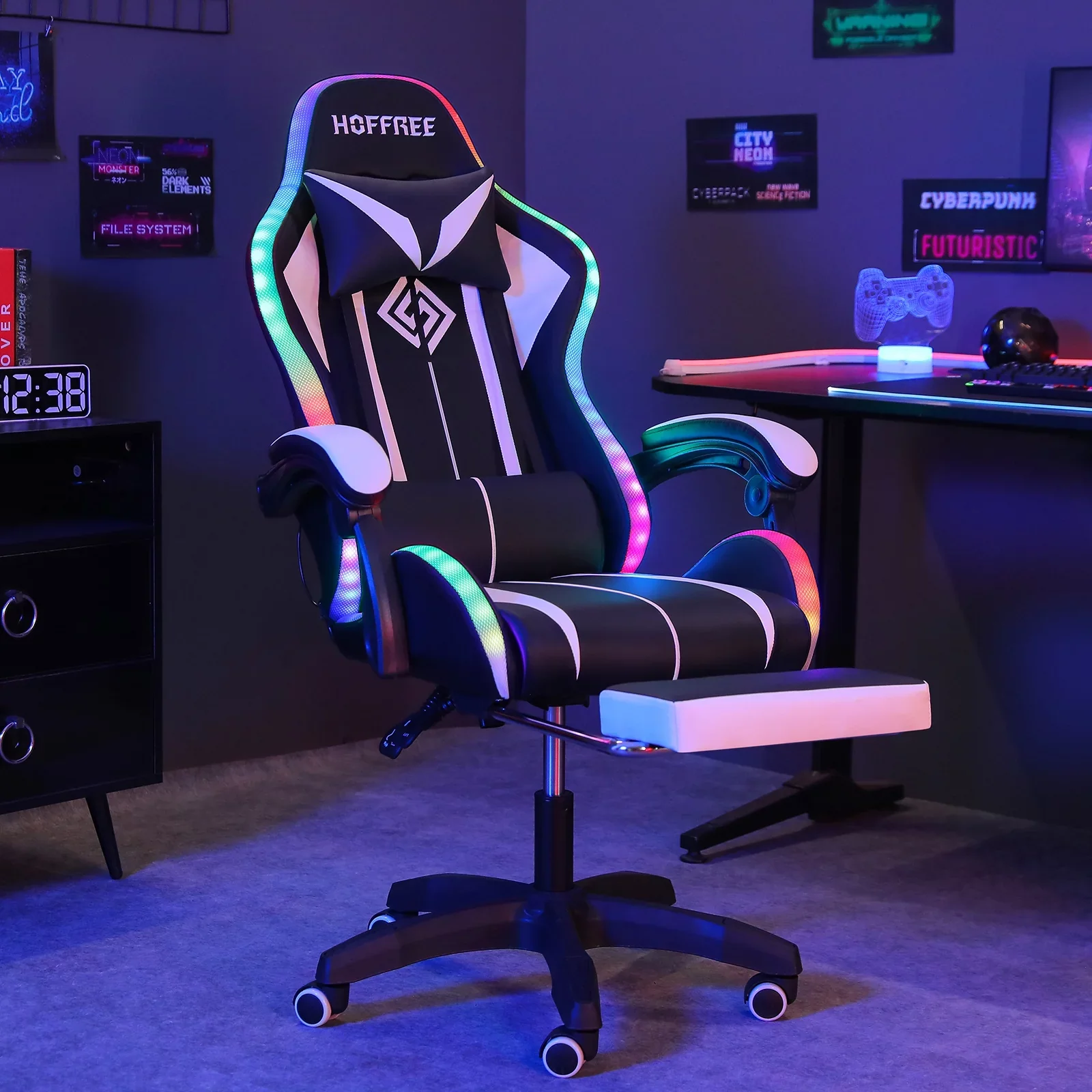 Hoffree High Back Leather Massage Gaming Chair, White - Image 2