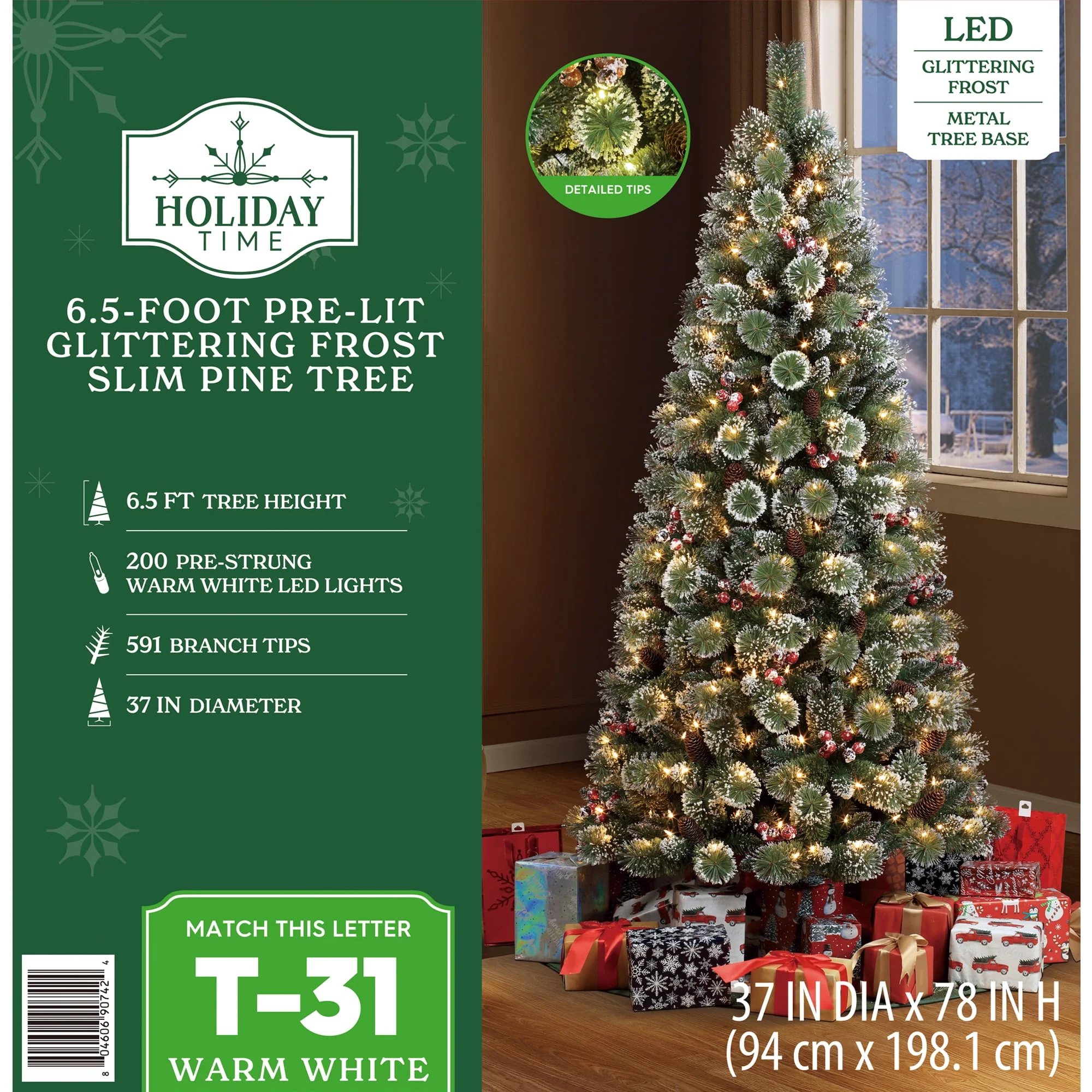 Holiday Time 301T22018 6.5' Pre-Lit Glittering Frosted Slim Pine Green Artificial Christmas Tree with Warm White Lights - Image 6