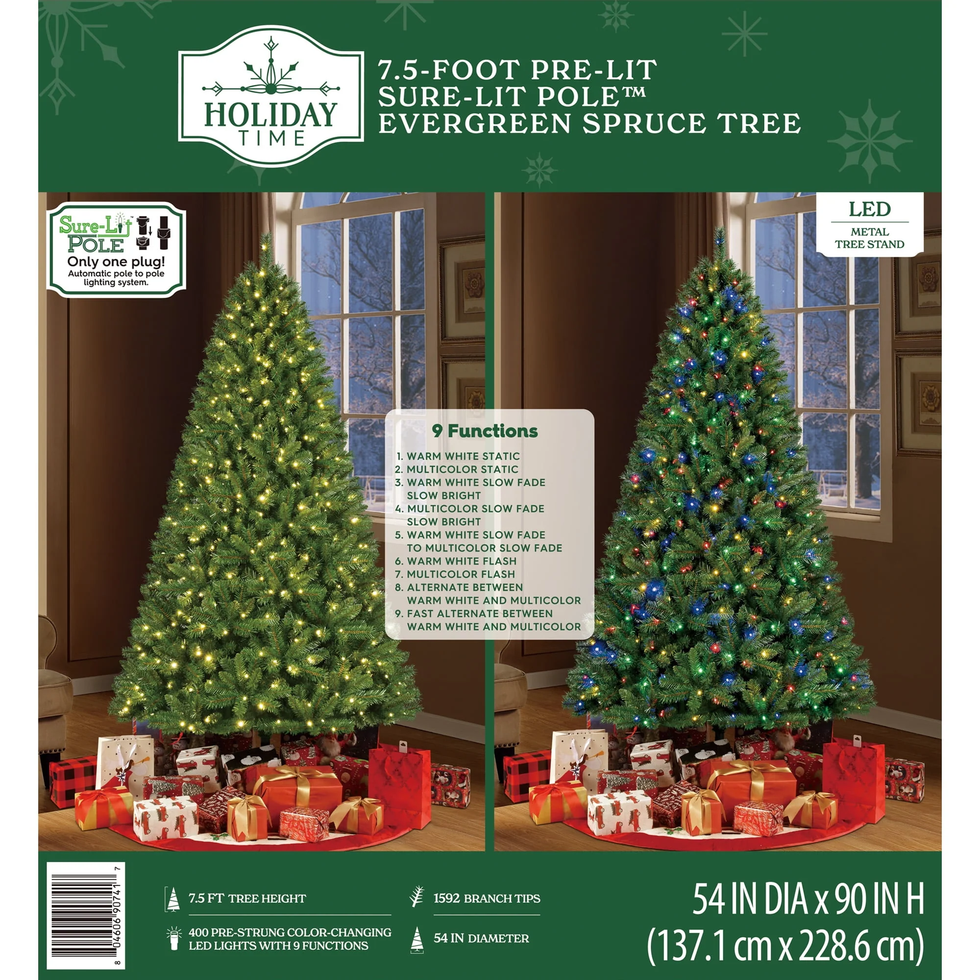 Holiday Time 391T25004 7.5ft Pre-lit Evergreen Sure-Lit Pole Spruce Tree, Green, 400 Color-Changing LED Lights, 1592 PVC Branch Tips, Sturdy Metal Stand - Image 5