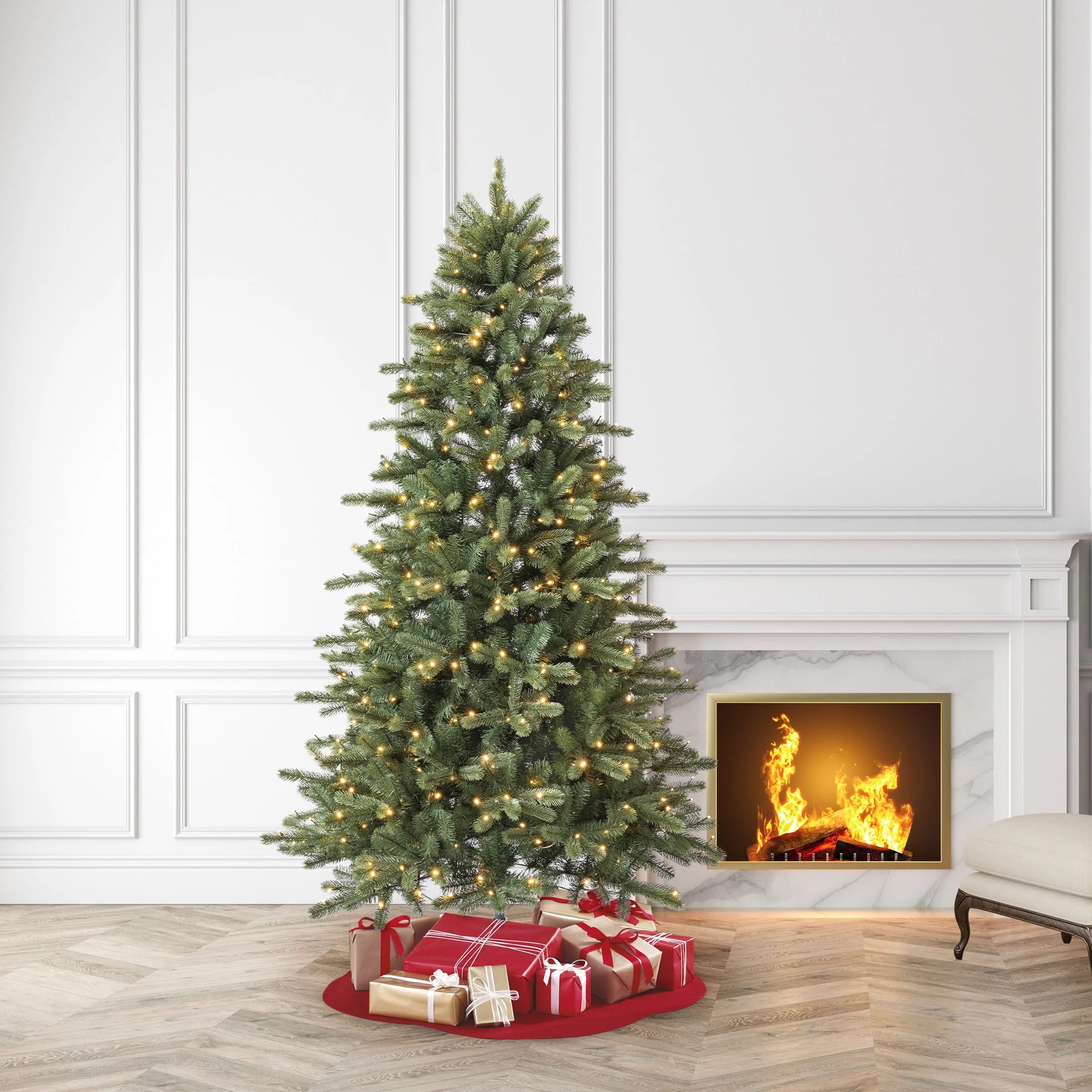Holiday Time SG76P4KAEL00 7.5' Pre-Lit Birchwood Fir Green Artificial Christmas Tree with Warm White Twinkle LED Lights - Image 3