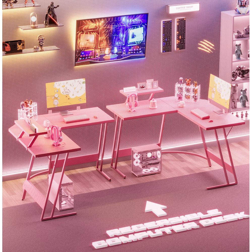Homall L-Shaped Gaming Desk 47 Inches Corner Office Desk with Removable Monitor Riser Pink - Image 2