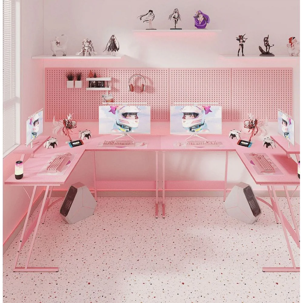 Homall L-Shaped Gaming Desk 47 Inches Corner Office Desk with Removable Monitor Riser Pink - Image 3