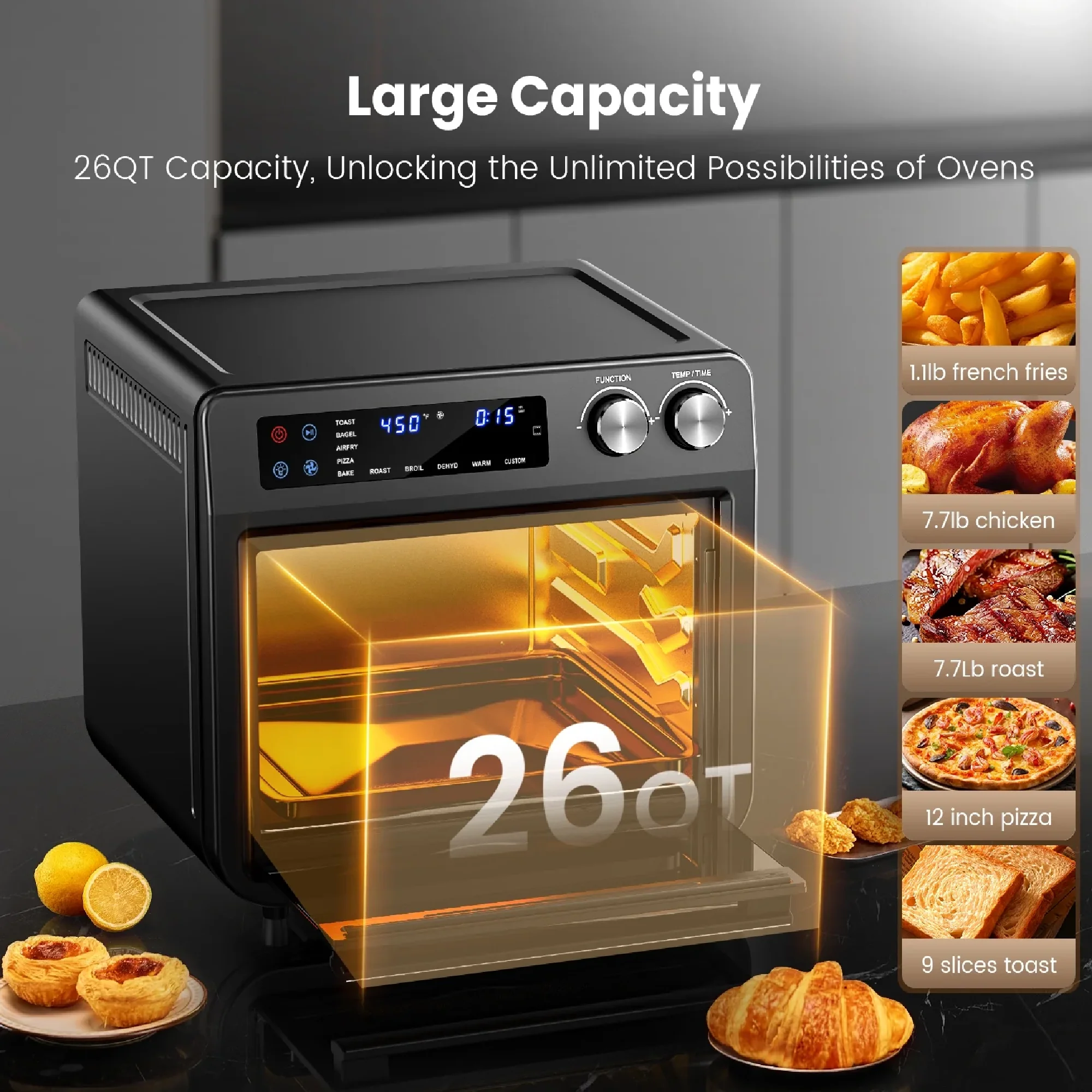 HOMESHADE AF003 26 Quart Air Fryer Oven, Oil-Free Digital Touchscreen Toaster Oven with 10-in-1 Multifunction and Custom Mode, Visible Window, 1800W, Black - Image 2