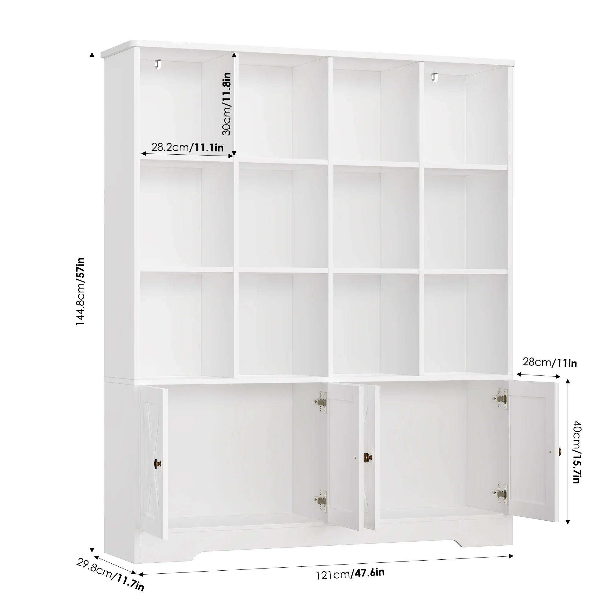 Homfa 440 12-Cube Double Wide Bookcase with Doors, 3 Tier Library Cabinet & Bookshelves, White - Image 4