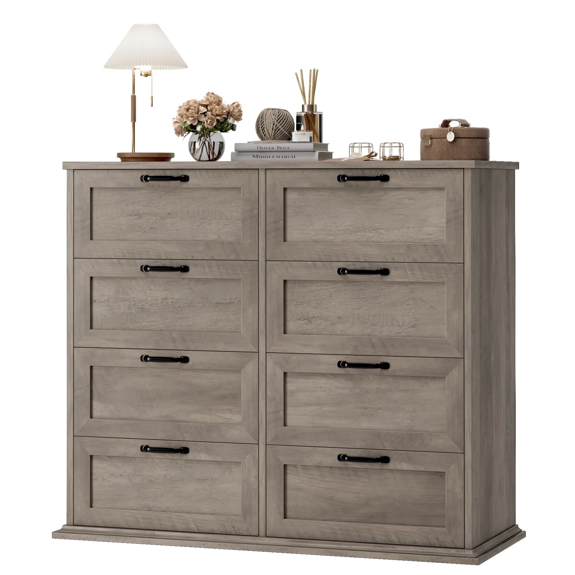 Homfa BOT-PB-013 Horizontal 8 Drawer Dresser, Wood Storage Cabinet Double Dresser for Bedroom Living Room, Gray
