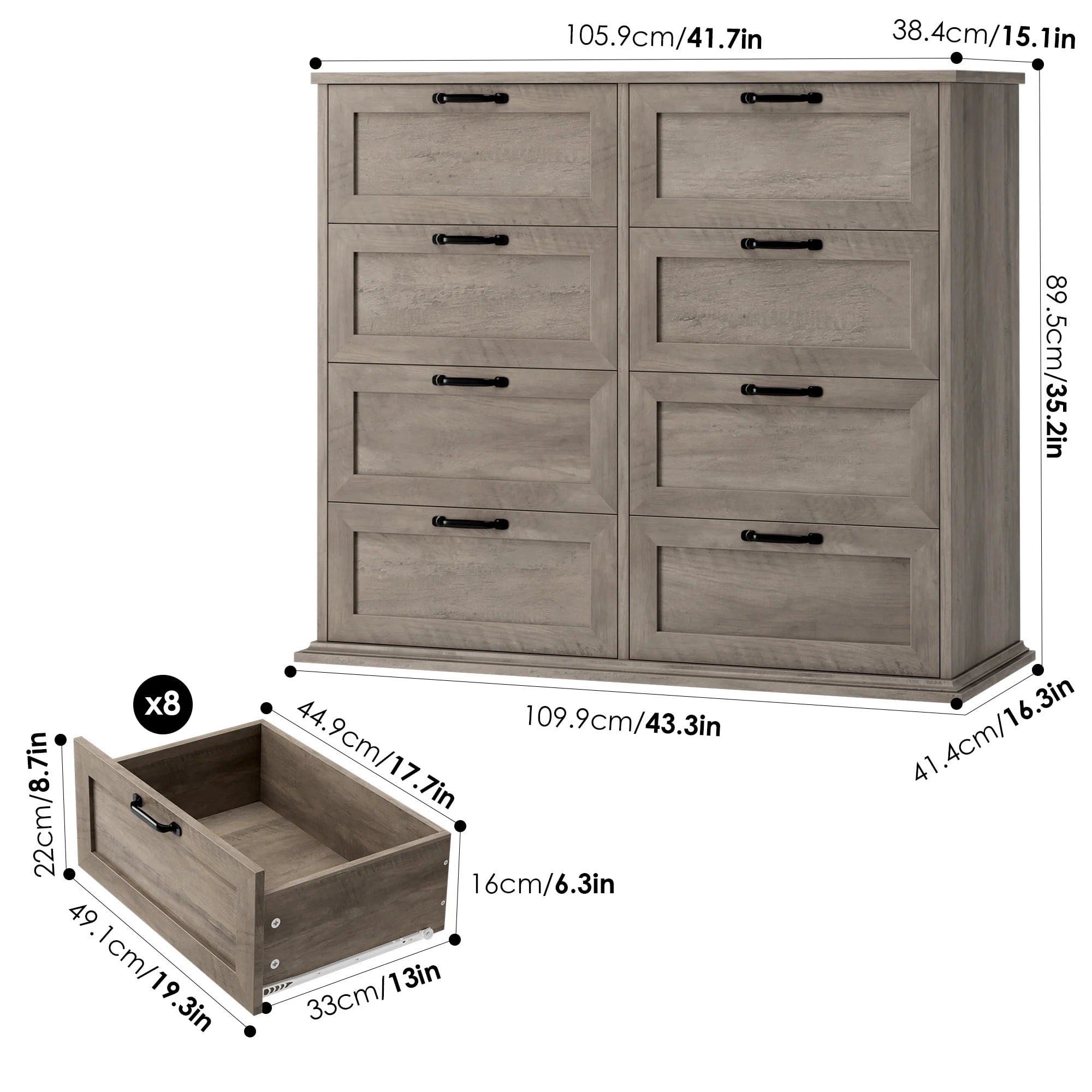 Homfa BOT-PB-013 Horizontal 8 Drawer Dresser, Wood Storage Cabinet Double Dresser for Bedroom Living Room, Gray - Image 2