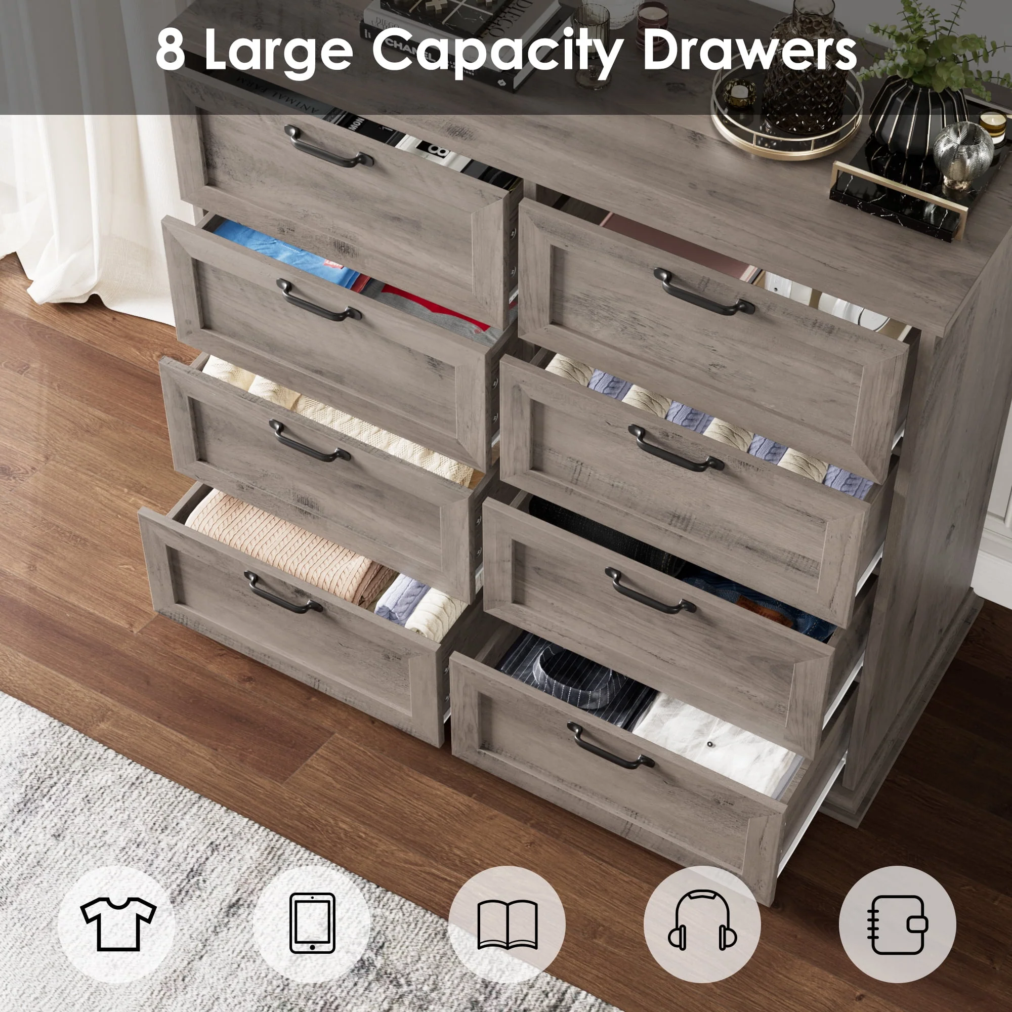 Homfa BOT-PB-013 Horizontal 8 Drawer Dresser, Wood Storage Cabinet Double Dresser for Bedroom Living Room, Gray - Image 3