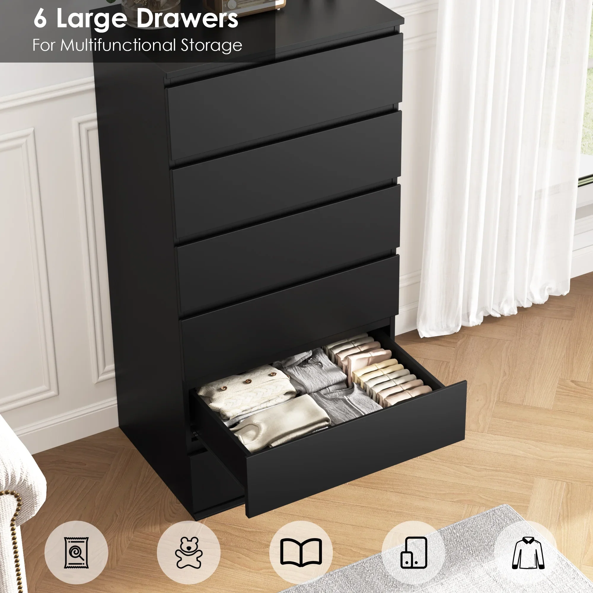 Homfa FPB-250 6 Drawer Tall Dresser for Living Room, Black - Image 5