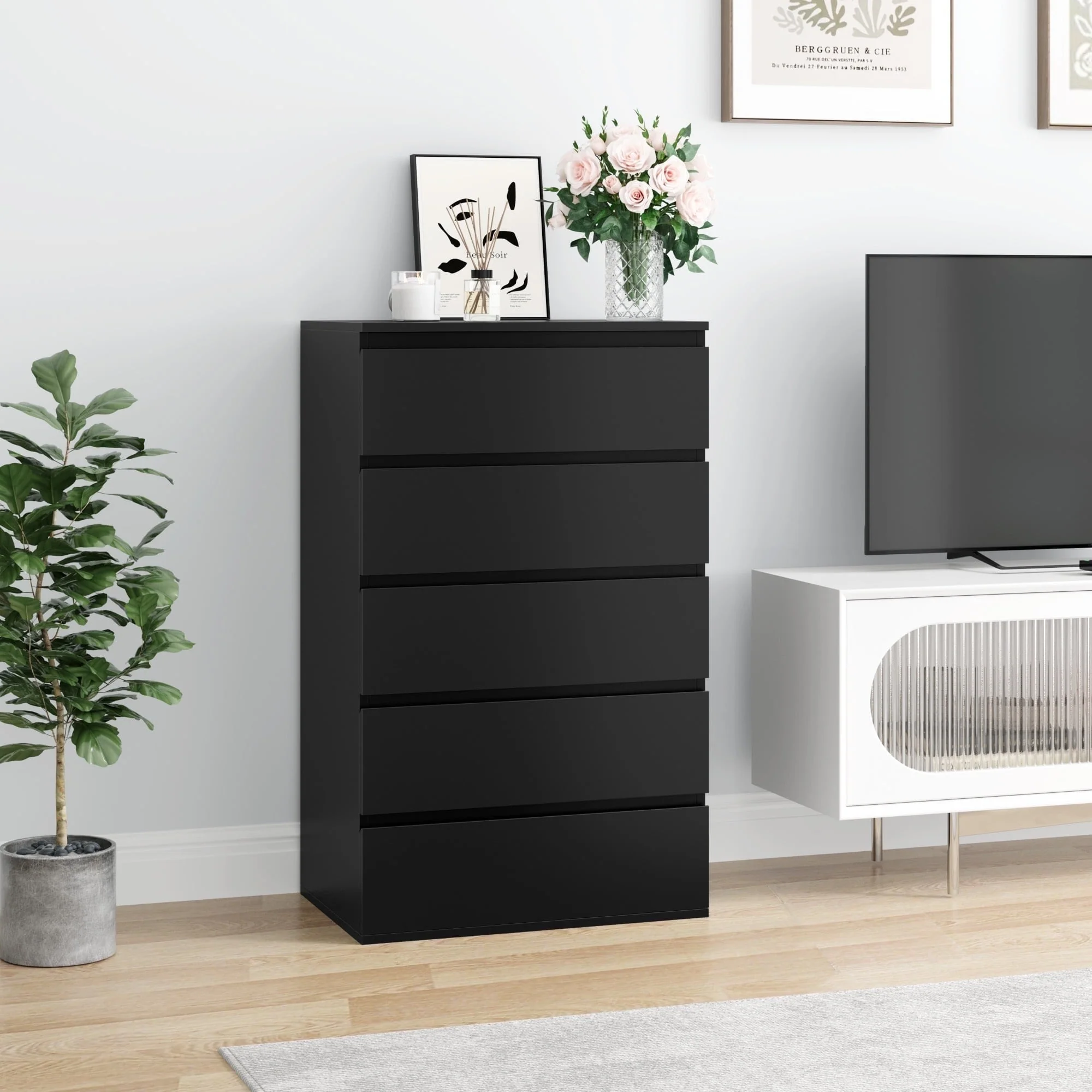 Homfa FPB-252 5 Drawer Tall Dresser, Black