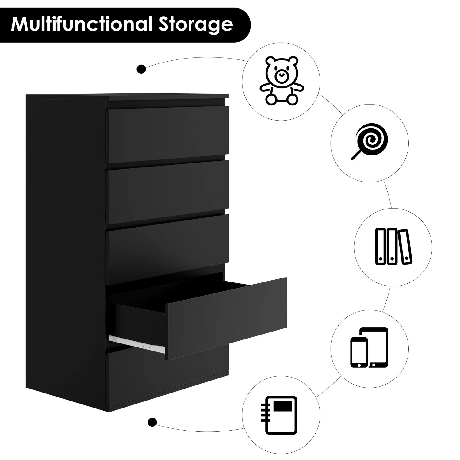 Homfa FPB-252 5 Drawer Tall Dresser, Black - Image 3