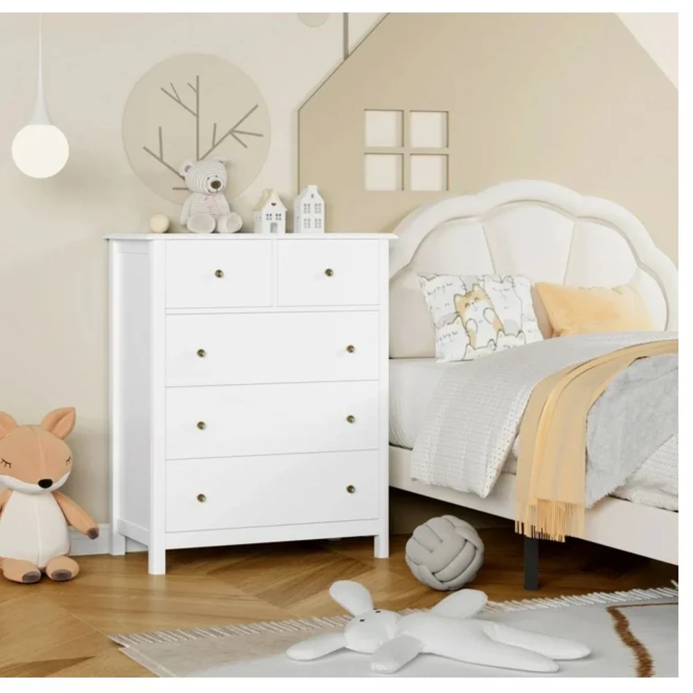 Homfa Kids Dresser of 5 Drawers, Dresser Chest with Easy Pull Handle for Bedroom, Living Room, White Finish - Image 2